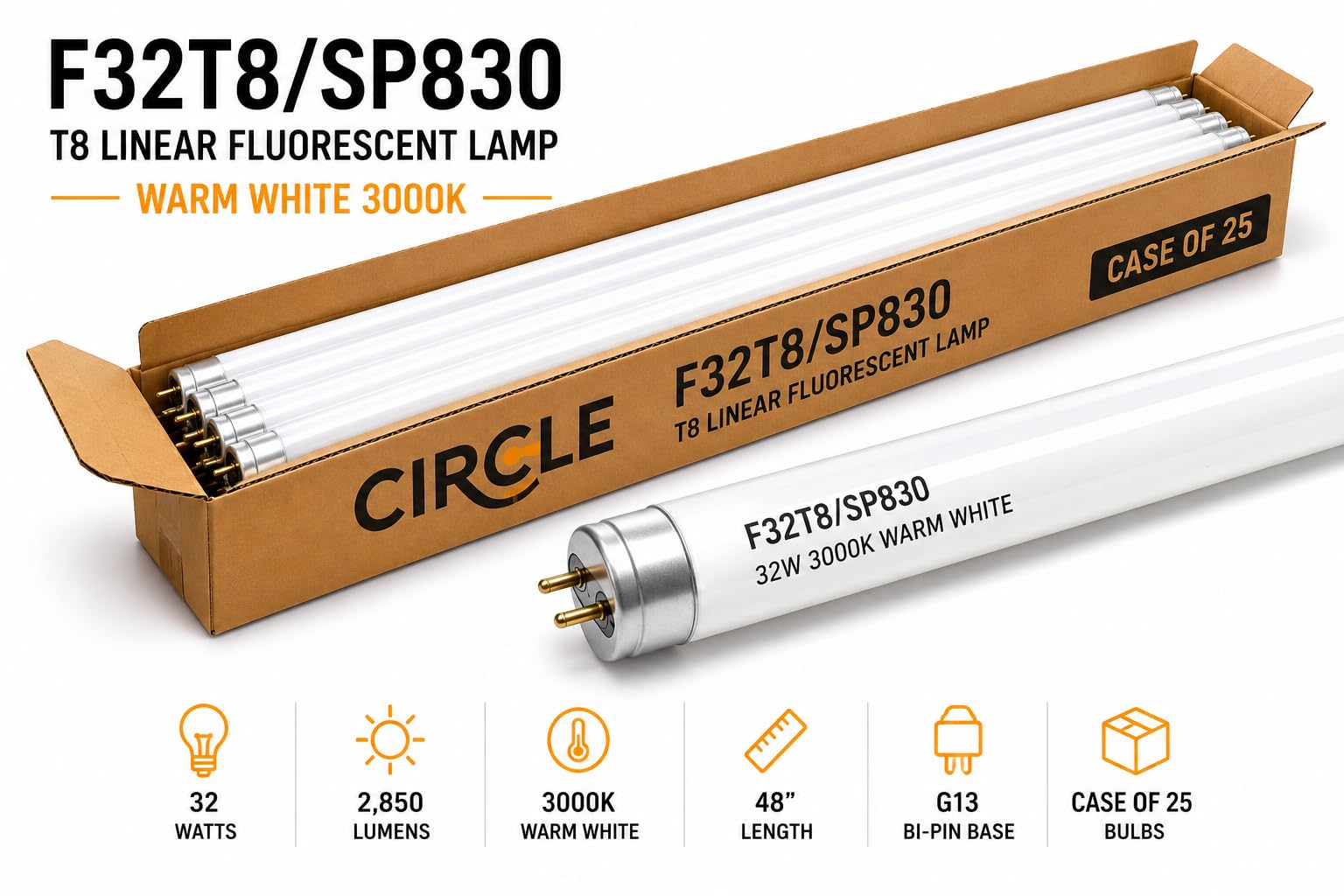 Circle F32T8/SP830 T8 Linear Fluorescent Tube Light Bulb, 4 Foot