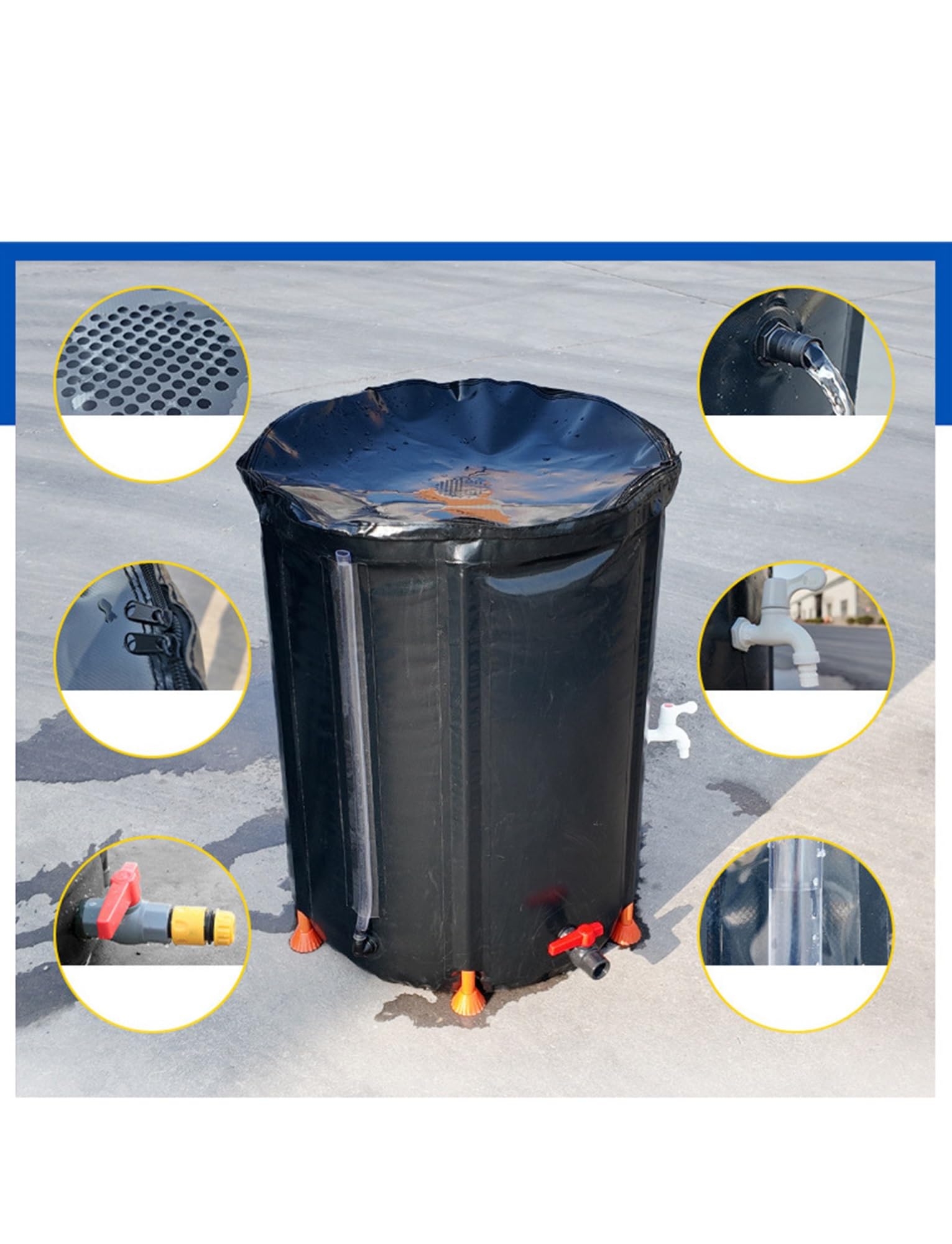 Kit de Barril de Lluvia Plegable con Grifo y Filtro - Contenedor portátil for almacenar Agua for jardín e Invernadero - Fácil de conectar al bajante de canaletas - Negro(1000L)