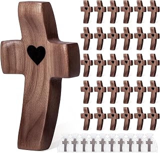30-Pack Wooden Cross Fidget with Organza Bags, Handmade Pocket Walnut Cross | Handheld Prayer Cross My Heart Stress Relief, Inspirational Easter Gift for Christian Faith, Prayer, Religious Bulk Gifts