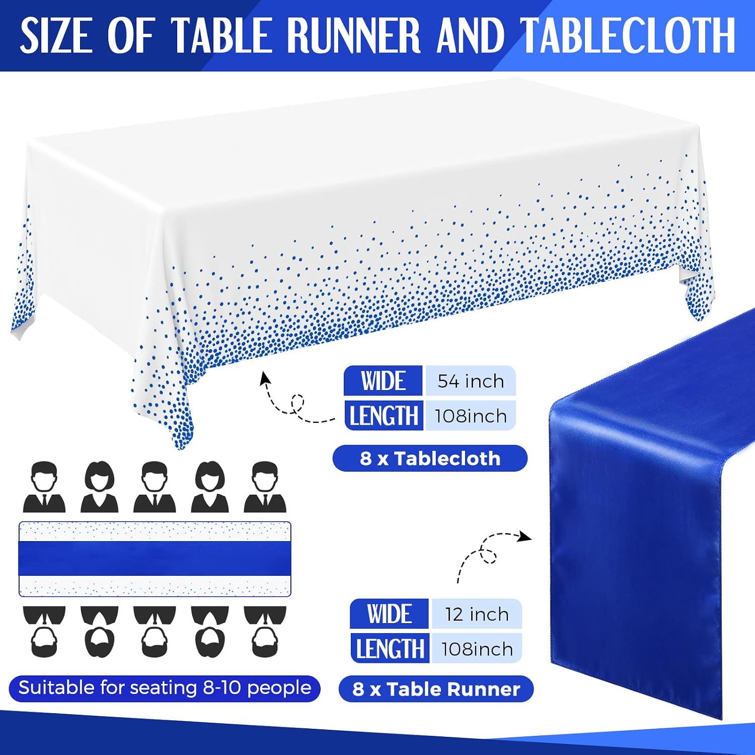 Tudomro 16 Pcs White and Royal Blue Disposable Plastic Tablecloths and Satin Table Runner Set 54x108 Inch Tablecloth 12x108 Inch Table Runners for New Year Wedding Birthday Baby Shower Graduation