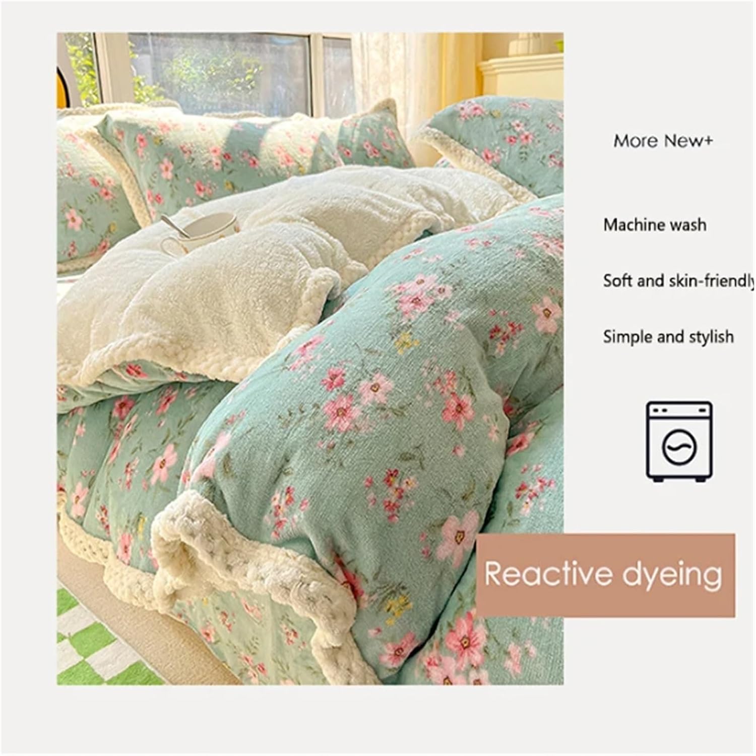 Bed Sheet Quilt Cover Set Fleece Fabric Warm Winter Pillowcase Four-Piece Bedding Set Home Textiles Floral Print Bed Four Pieces Set(H)