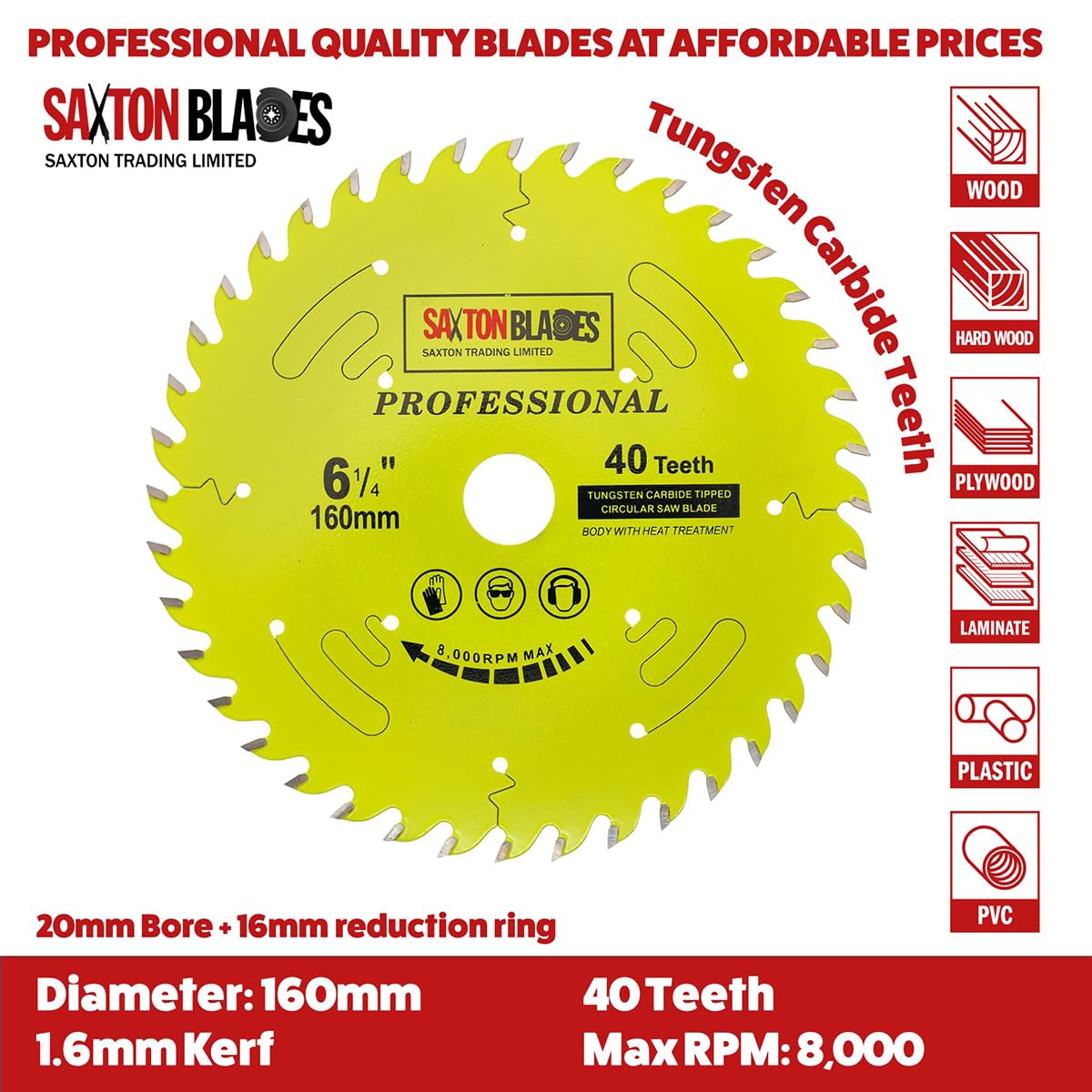 Saxton TCT16040TPRO Professional Range TCT - Hoja circular (160 x 40 x 20 mm, anillo de 16 mm)