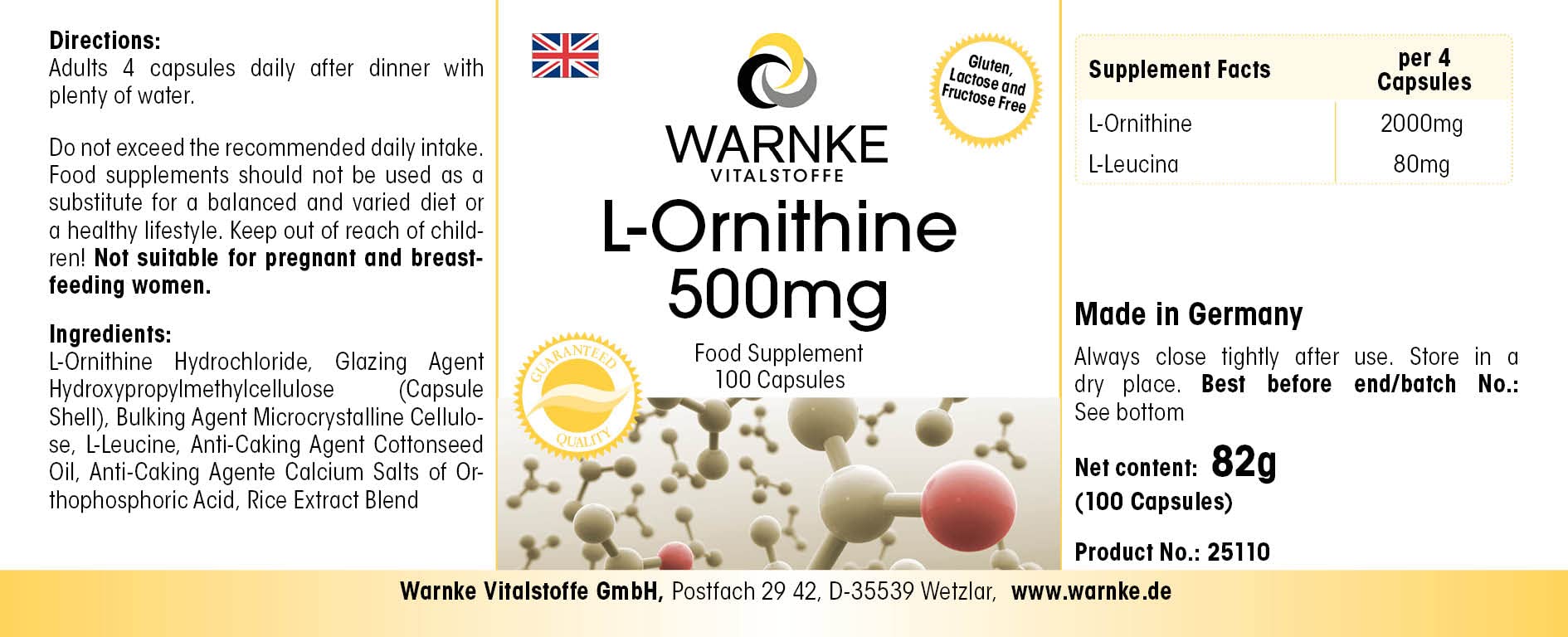 L Ornitina capsule - 500mg - Vegan - 100 Capsule | Warnke Vitalstoffe - Qualità da farmacia tedesca