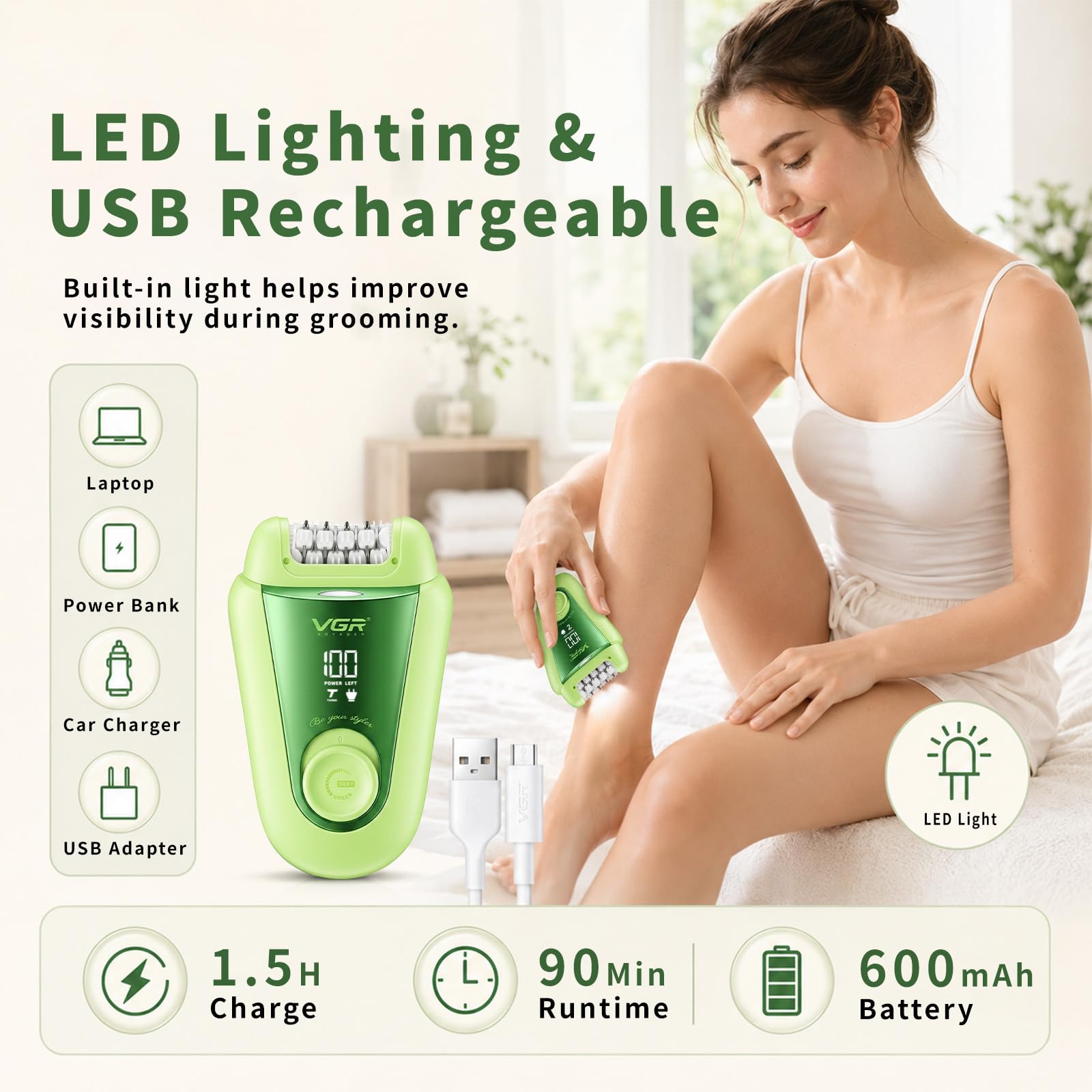 VGR 758 Epilatore elettrico 2 in 1 da donna, 32 pinzette, IPX7, Verde