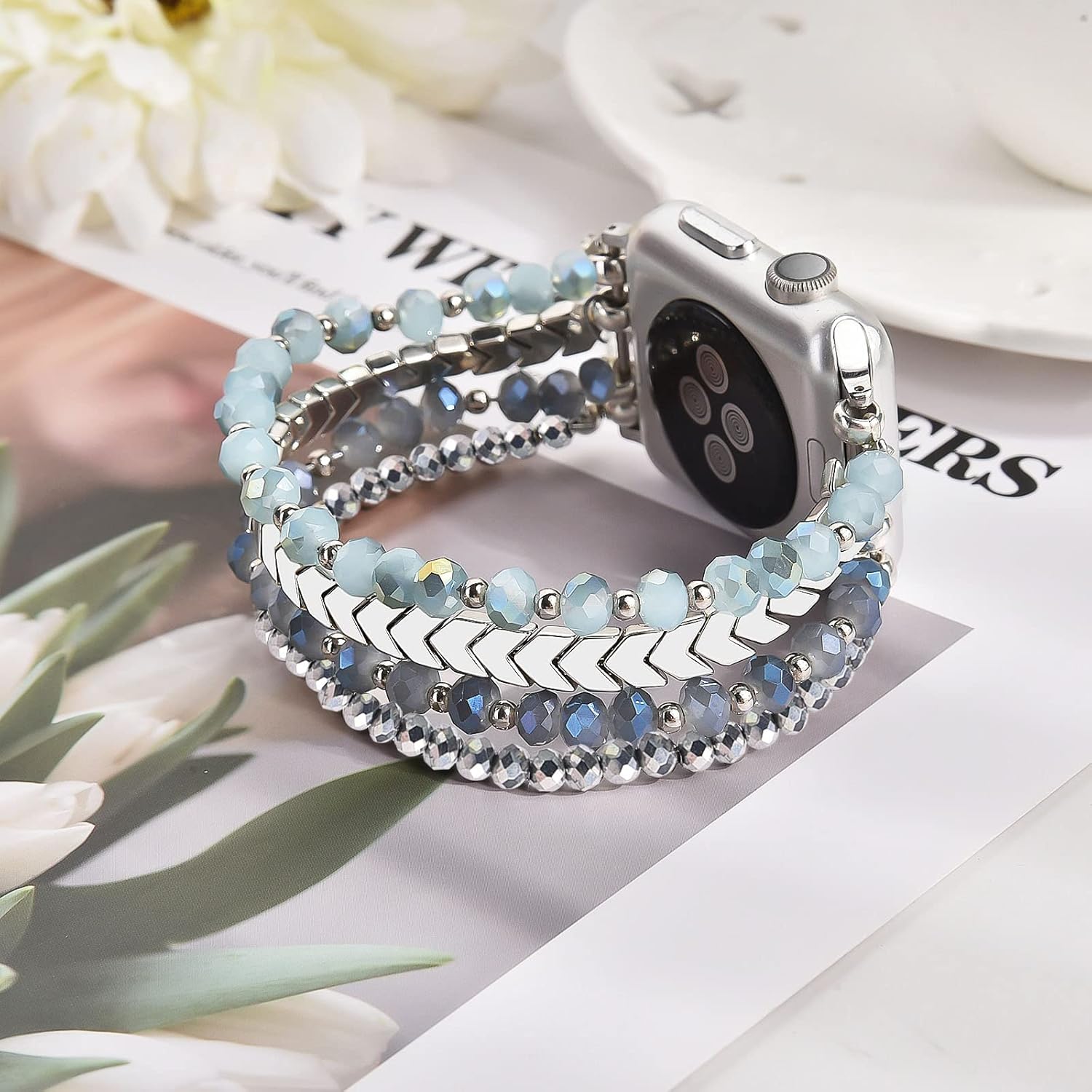 MOFREE Beaded Bracelet Compatible with Apple Watch Band 38mm/40mm/41mm/42mm, Fashion Elastic Stretch Women Bands for iWatch Series 11/10/9/8/7/SE/6/5/4/3/2/1 iPhone Watch Strap Bands (Blue/Silver) - Image 2