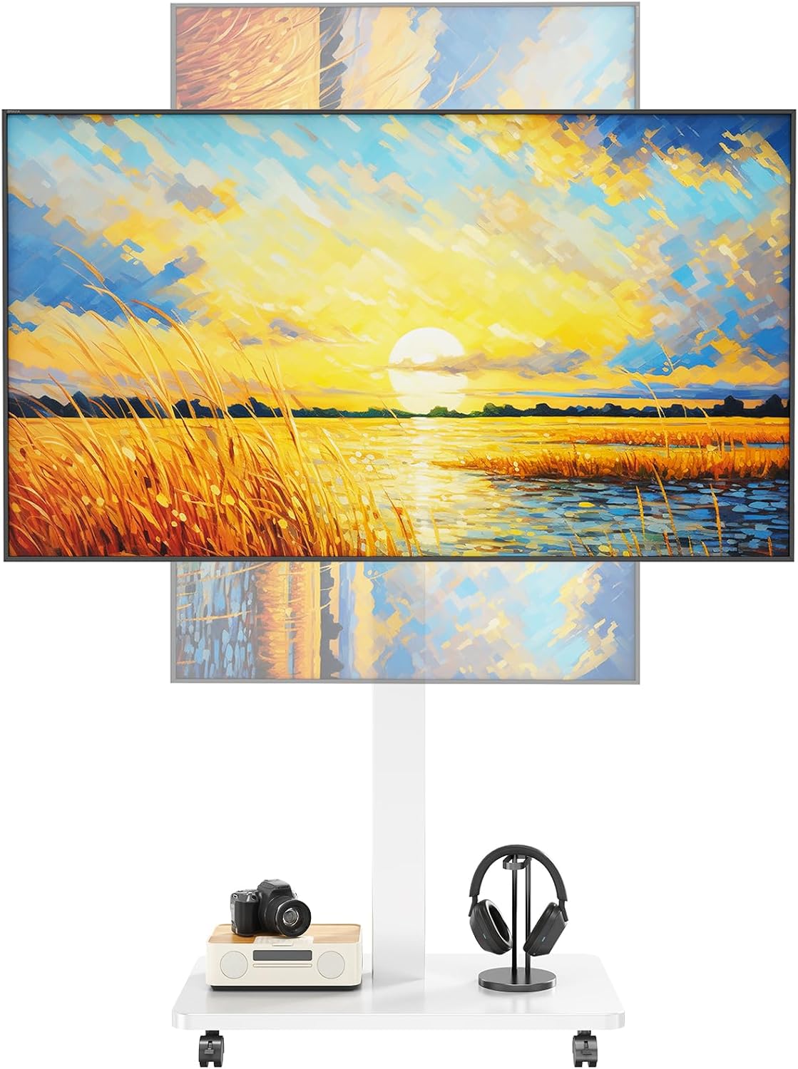 Rolling TV Stand for 10 to 46 Inch Flat Curved TV with Rotating, Portrait to Landscape, Height Adjustable Portable TV Stand with Wheels, Universal TV Cart for Bedroom, Living Room and Corner