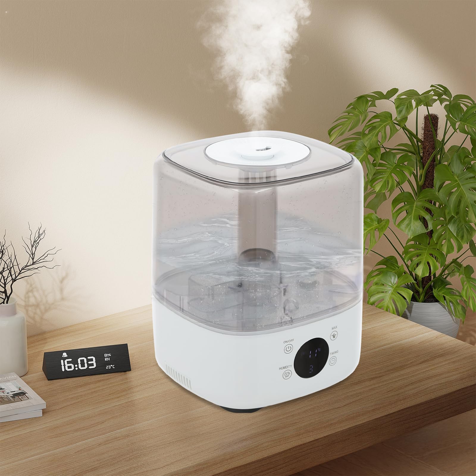Humidificador de relleno superior, 5 l, humidificador inteligente para 107,64 – 538,2 ft², boquilla de rotación de 360 grados, regulación de 3 niveles, humidificador ultrasónico, para dormitorio