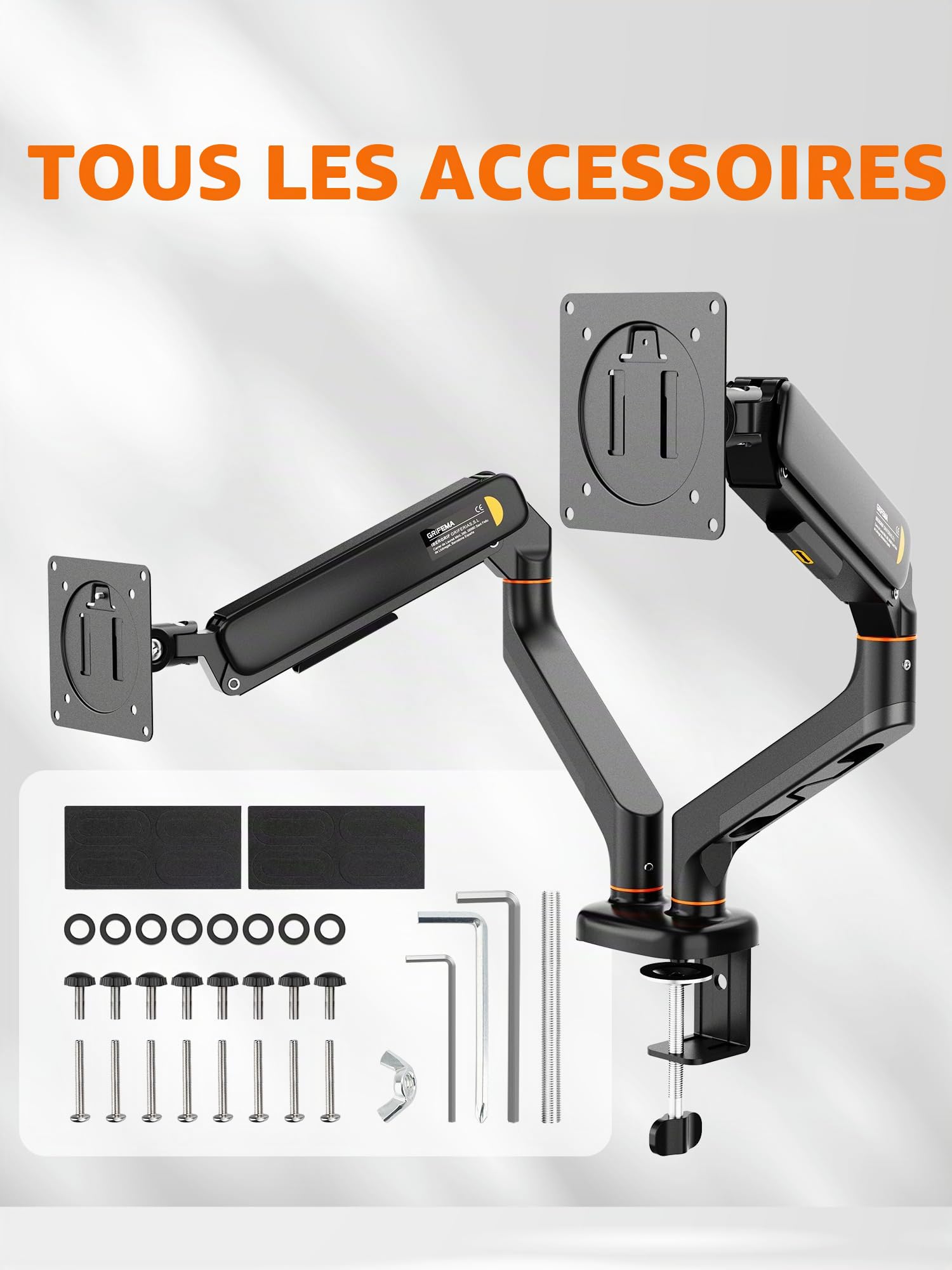 Ibergrif Bras Double Écran PC Support 2 Moniteurs 13-27 Pouces Bras à Gaz Réglable Hauteur Inclinaison Rotation 360° Charge 9 kg VESA 75/100mm