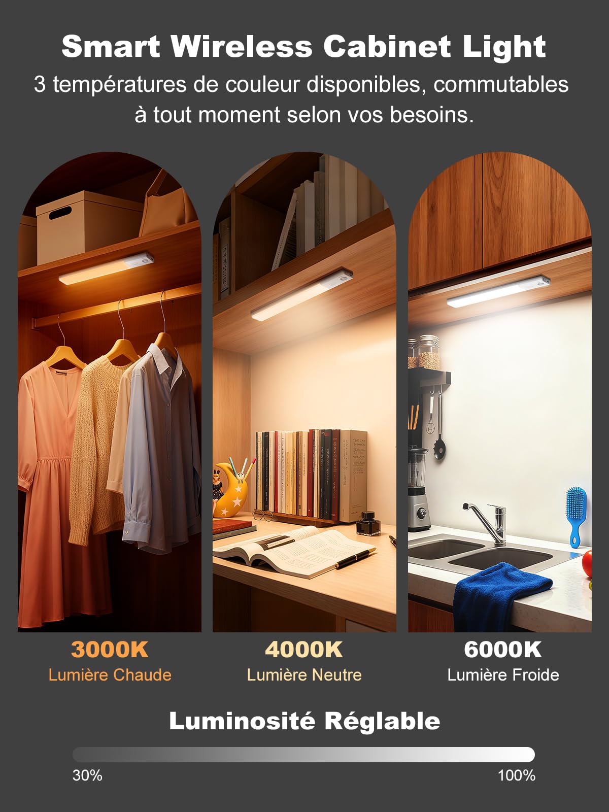 Smiling Shark Lampe de Placard, HM-01 Lampe LED d'armoire Sans Fil 1200mAh 3 Températures de Couleur & Mouvement Detecteur Lumière Barre Éclairage Intérieur Magnétique Pour Armoire Cuisine (3 Pack)