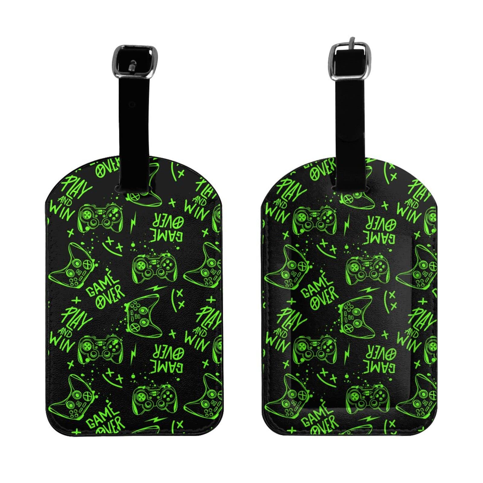 Oplp Green Video Game Controller Leather Luggage Tags 2 Packs Travel Bag Labels for Suitcase Baggage Backpack