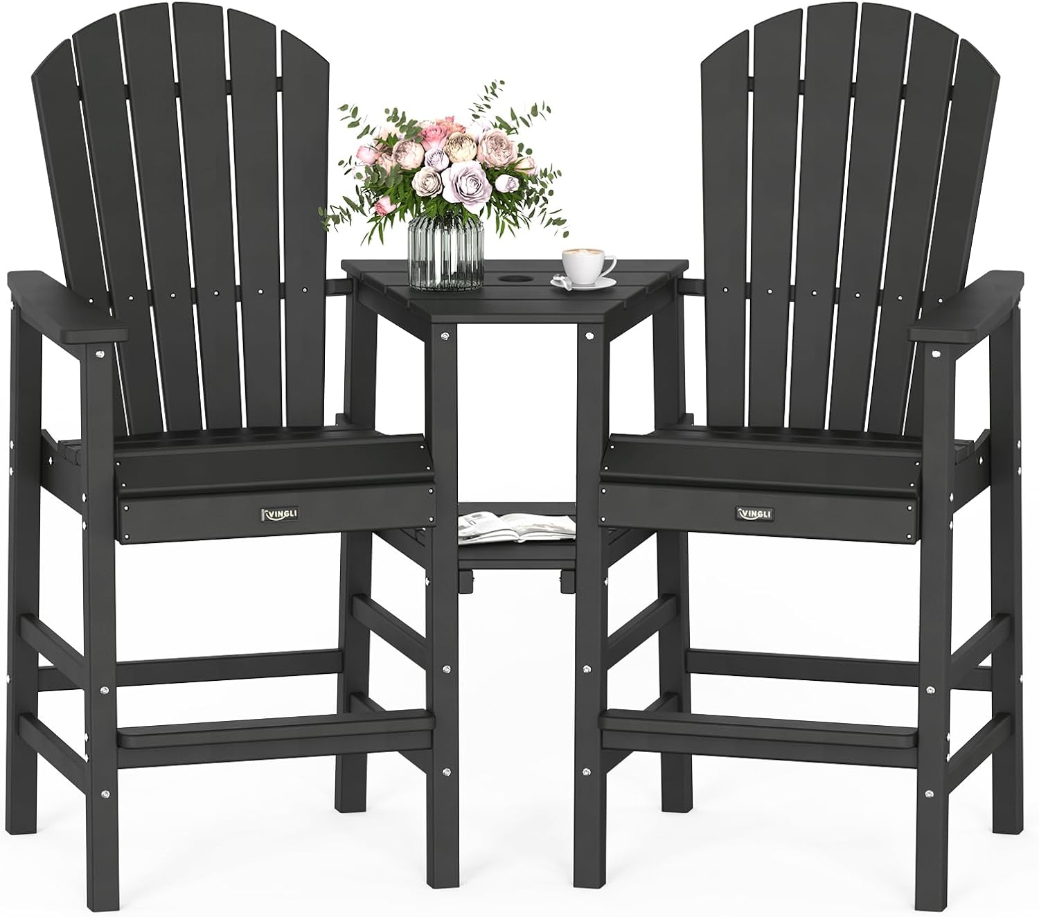 VINGLI Tall Adirondack Chairs Set of 2, All Weather HDPE Bar Height Adirondack Chair with Double Trays, Adirondack Barstools for Balcony, Poolside, Backyard and Patio (Black)