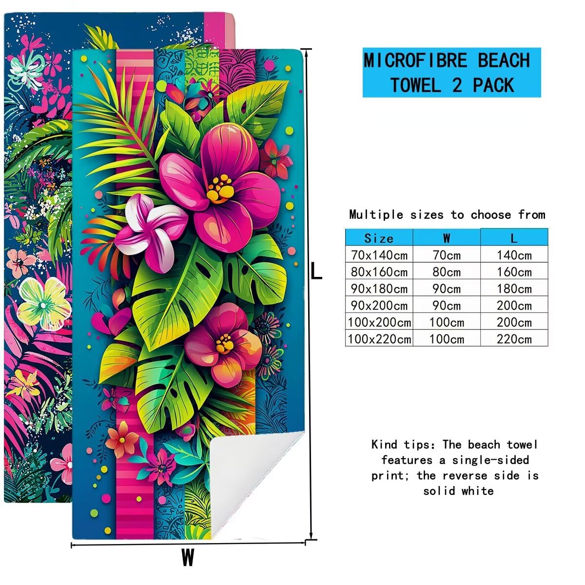 Ręcznik plażowy z mikrofibry, duży ręcznik kąpielowy 100 x 220 cm, zestaw 2 szt. szybkoschnących prześcieradeł kąpielowych w kwiaty, odporny na piasek ręczniki plażowe z mikrofibry do podróży