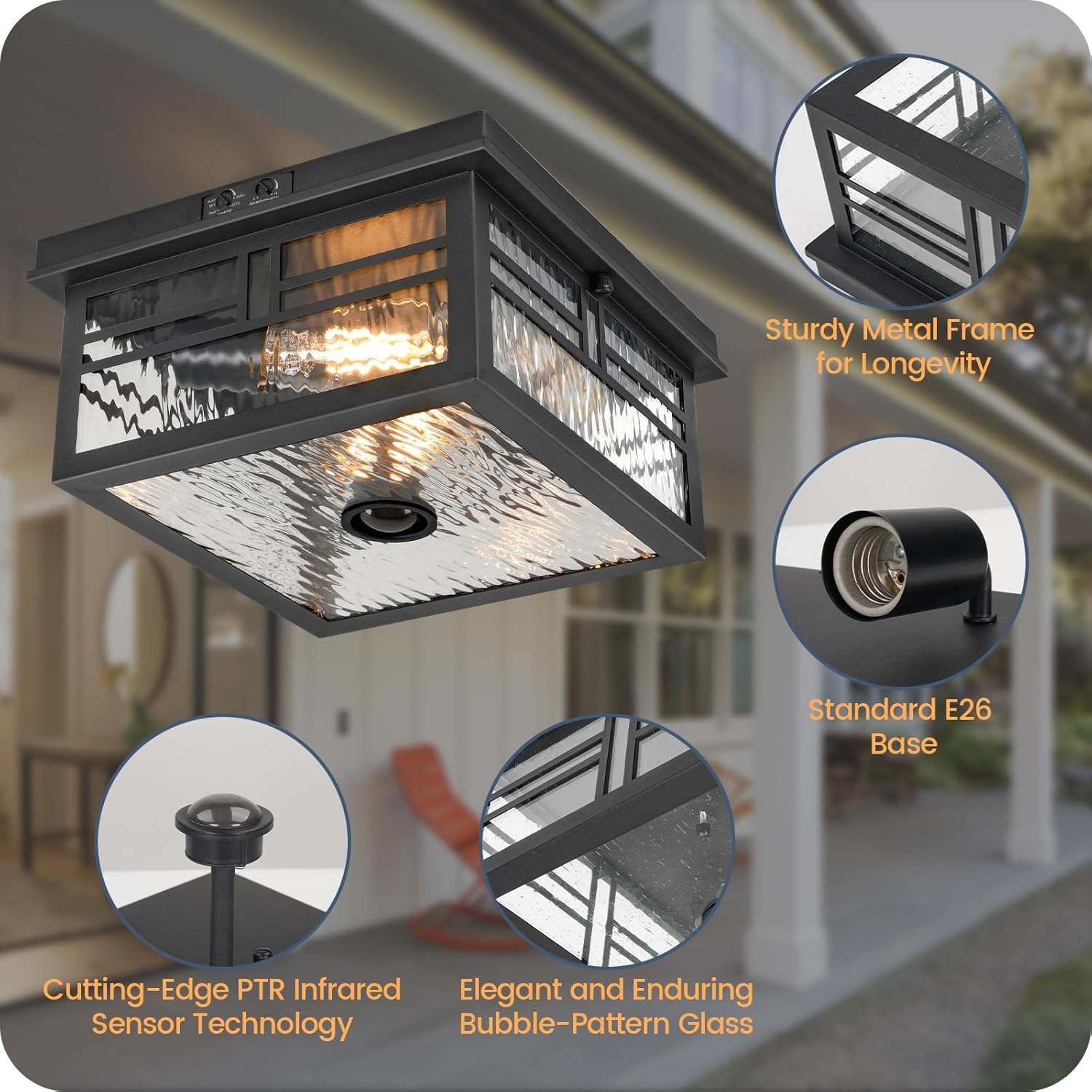 Infrared Sensor Outdoor Ceiling Light, Flush Mount Motion Sensor Ceiling Light, 2-Light Black with Ripple Glass, Bulbs Not Included, 4 Modes, for Porch, Garage, Hallway, Patio,BS07XD05W1