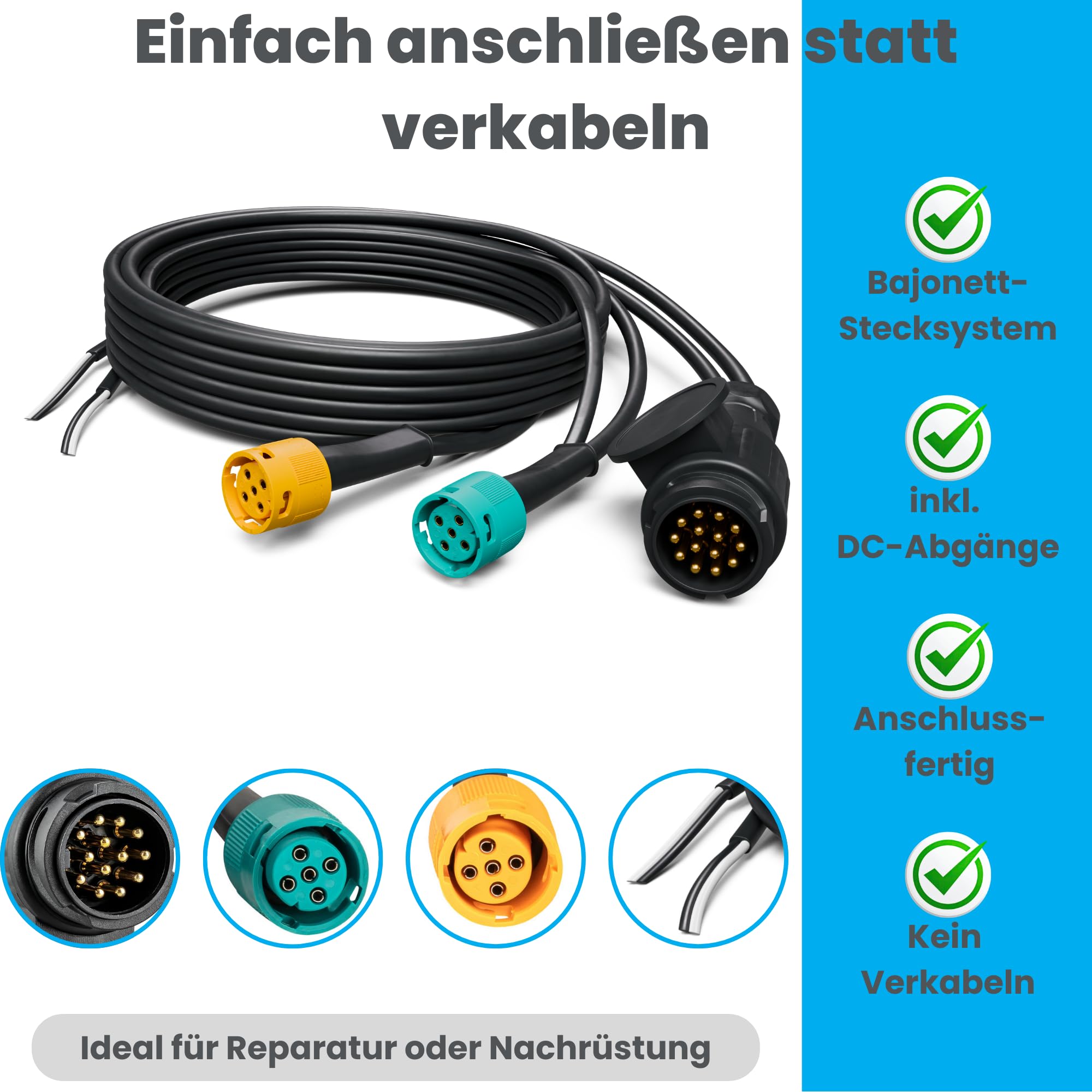 AUTOLIGHT 24 Set di cavi per rimorchio, 7 metri, 13 poli + 2 cavi di uscita DC, luci per rimorchio, luci posteriori, cablaggio con connettore a baionetta