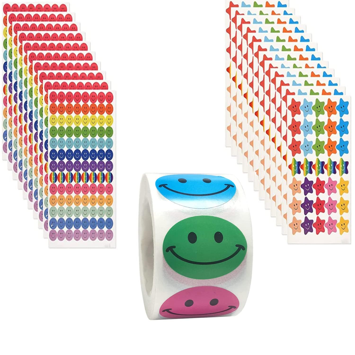 Rewards Happy Face Star Stickers, Motivational Incentive Stickers for Kids, 500 Pcs 1 Inch Round Cartoon Labels for All Students All Class 1 Roll + 20 Sheets