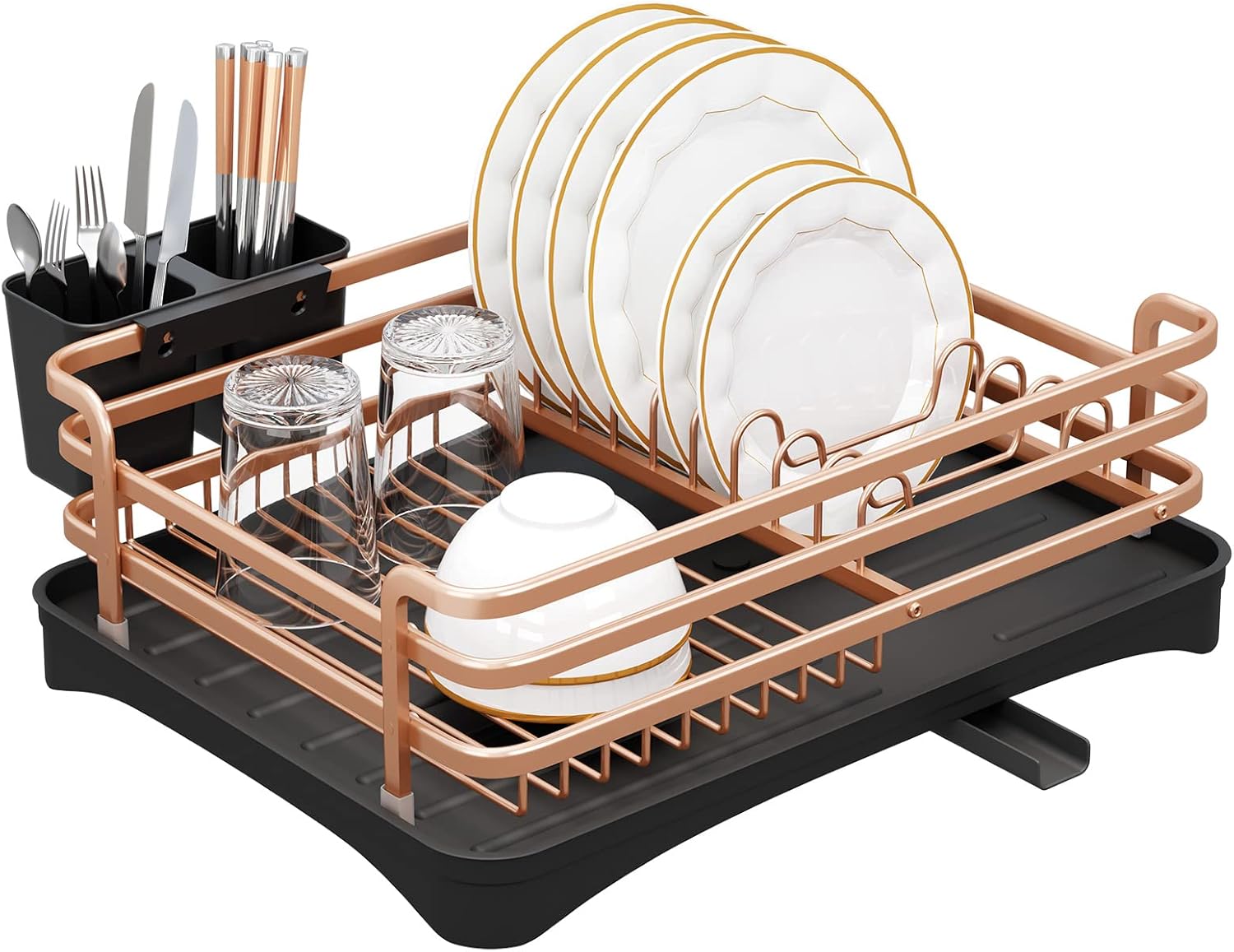 XILIDIA Dish Drying Rack with Drainboard, Aluminum Rust Proof Dish Dryer Rack with Removable Cutlery Holder and Drain Strainers for Kitchen Counter