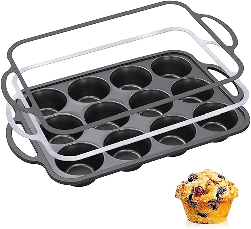 Miniatura 12 de Molde de silicona para magdalenas con marco de metal, molde antiadherente para hornear 12 tazas para magdalenas y magdalenas, apto para lavavajillas