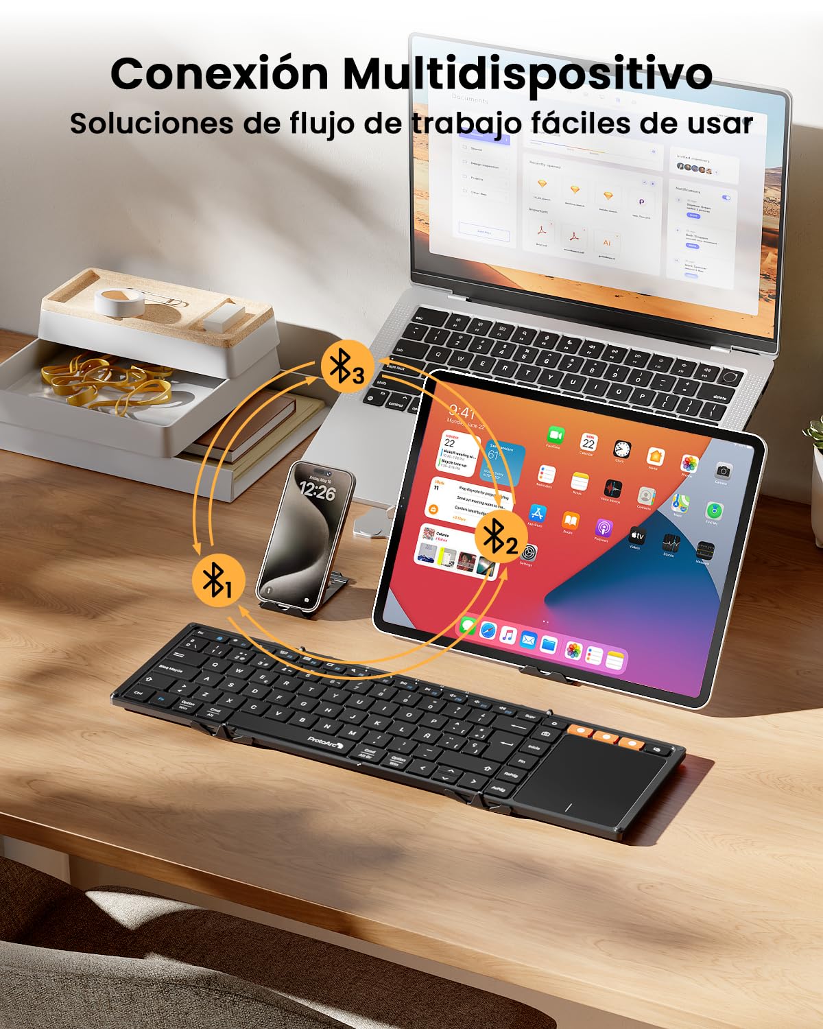 ProtoArc Teclado Inalambrico Plegable con Touchpad, XK01 TP Teclado Bluetooth Español Portatil para Viajes,Tamaño Completo para iPad, iOS, Microsoft Surface, Android, Windows PC Portátil - Negro
