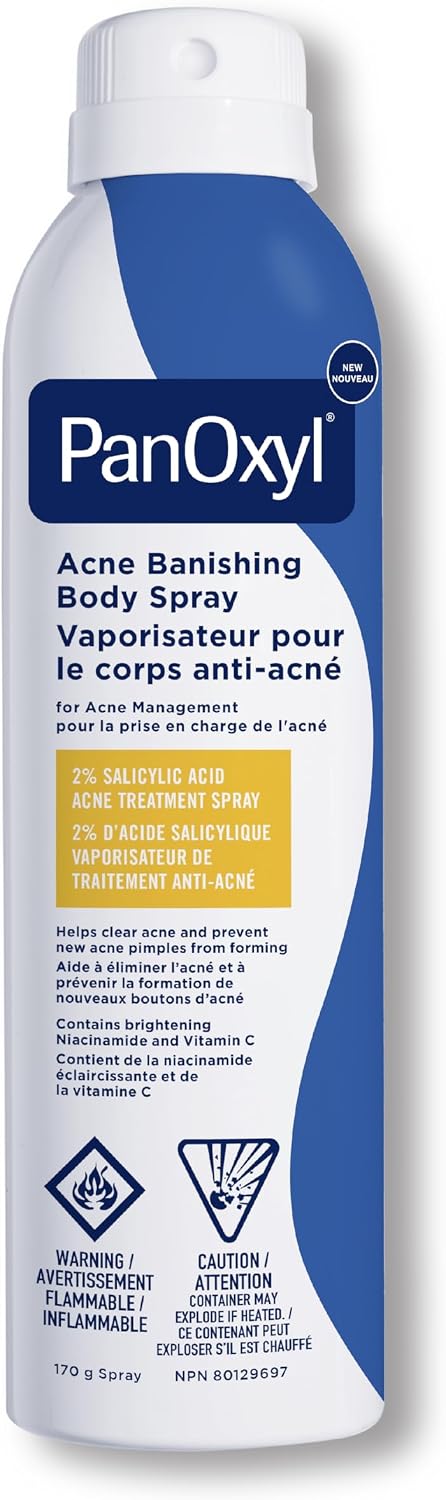 PanOxyl Acne Banishing Body Spray with 2% Salicylic Acid, Pimple Treatment to Help Clear Stubborn Breakouts, 360-Degree Spray Nozzle, Skin-Brightening Niacinamide, Vitamin C, Witch Hazel, Aloe, 170g