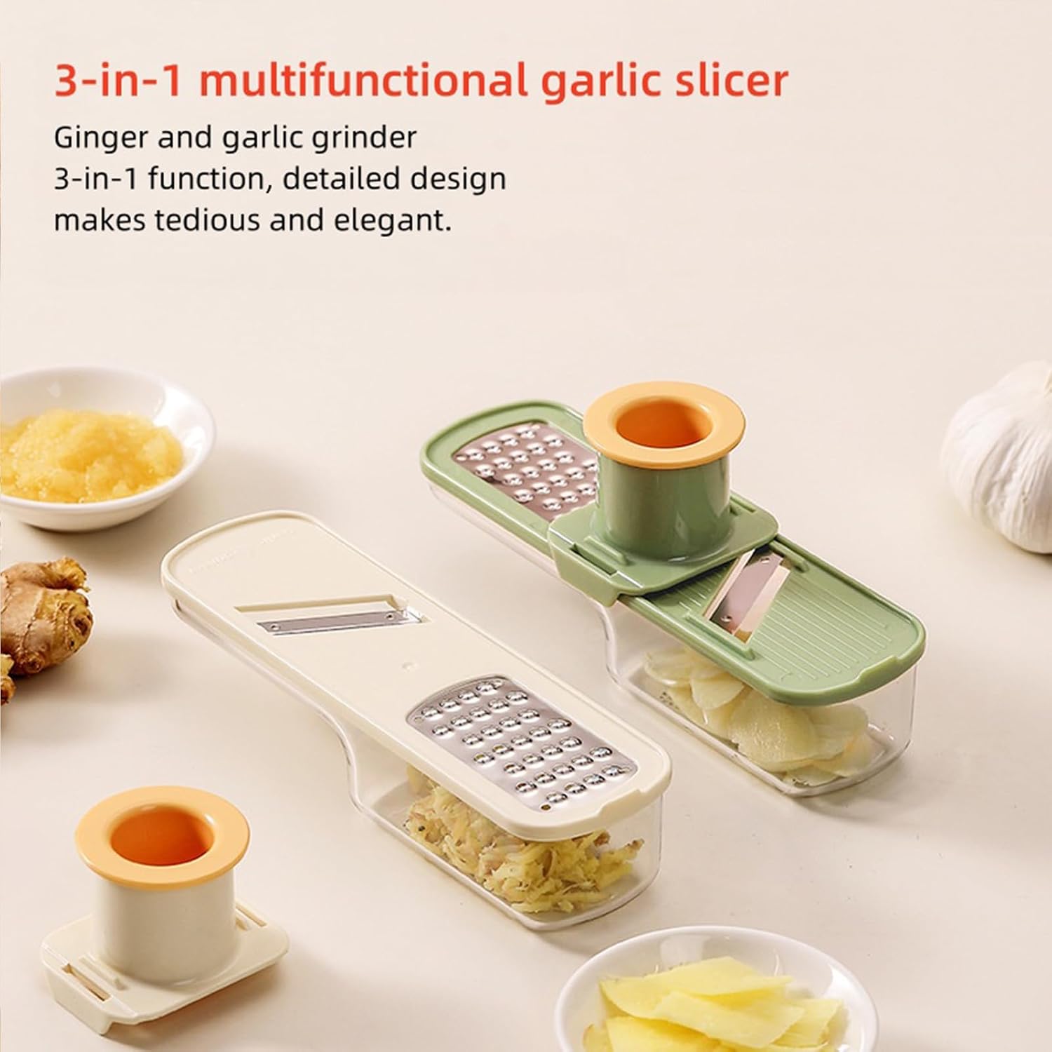 ANIS·KEBBR 3-in-1 Stainless Steel Garlic Grinder Slicer Shredder with Hand Guard Easy Clean Kitchen Prep Tool