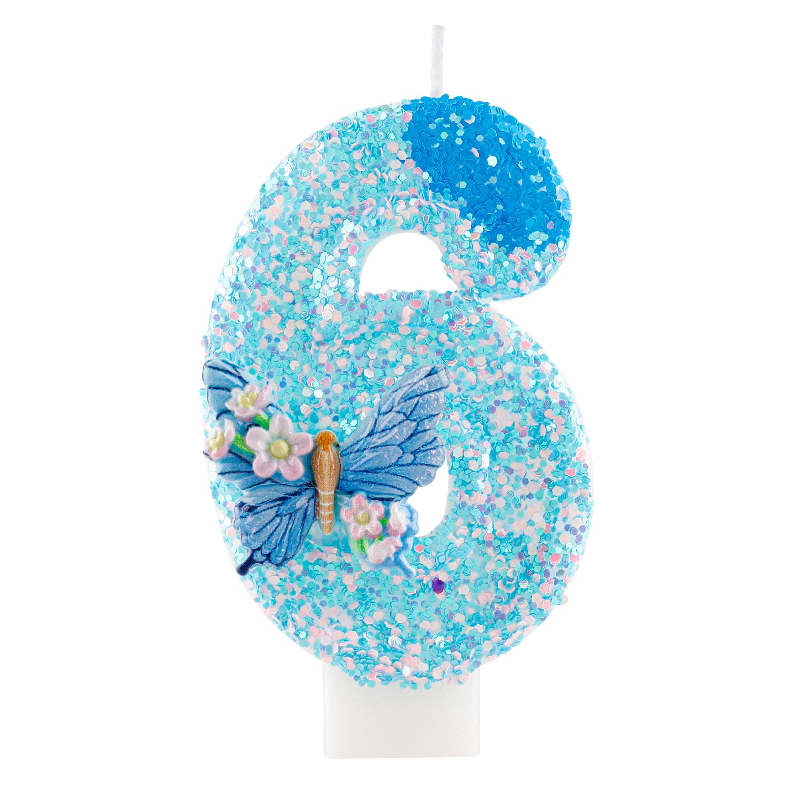 Yiran Number 6 Birthday Candle, Blue Butterfly Glitter Candle for 6th Birthday Cake, Blue Pink Sequin Cake Topper, Perfect for Girls Birthday Party, Baby Shower, Anniversary Decorations