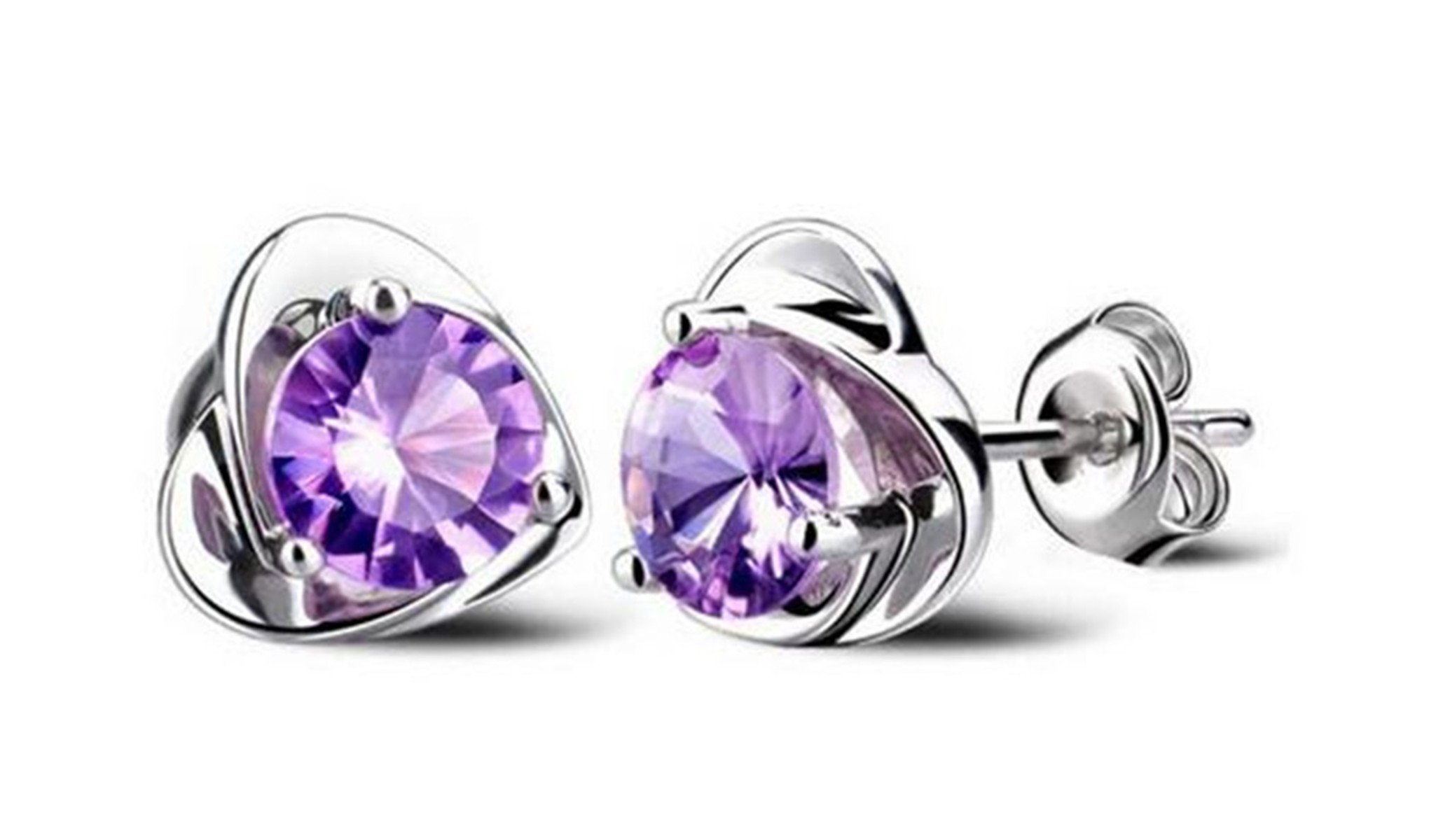 Ladies' Fashion Jewelry 925 Sterling Silver Heart-shaped Inlay Sparkling Amethyst Hypoallergenic Stud Earrings