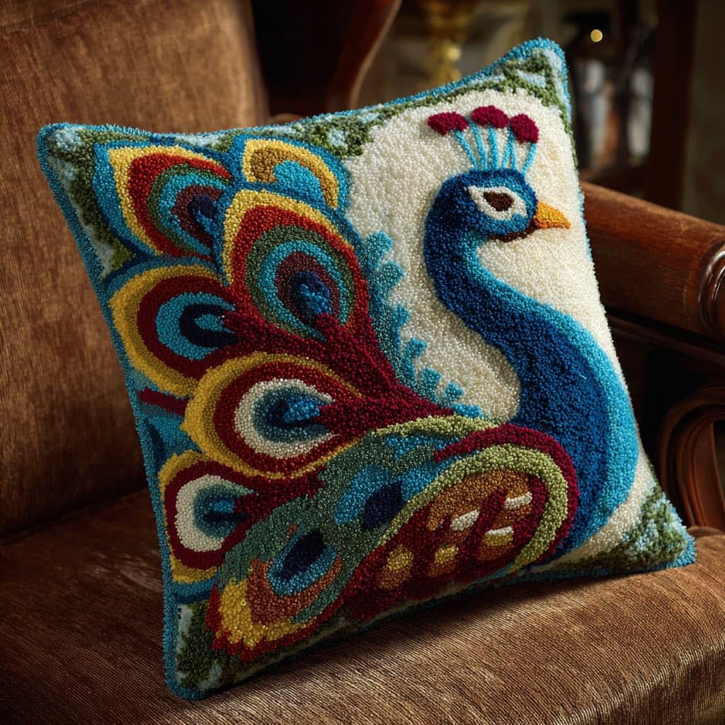 Henypt DIY Latch Hook Cushion Kits Peacock