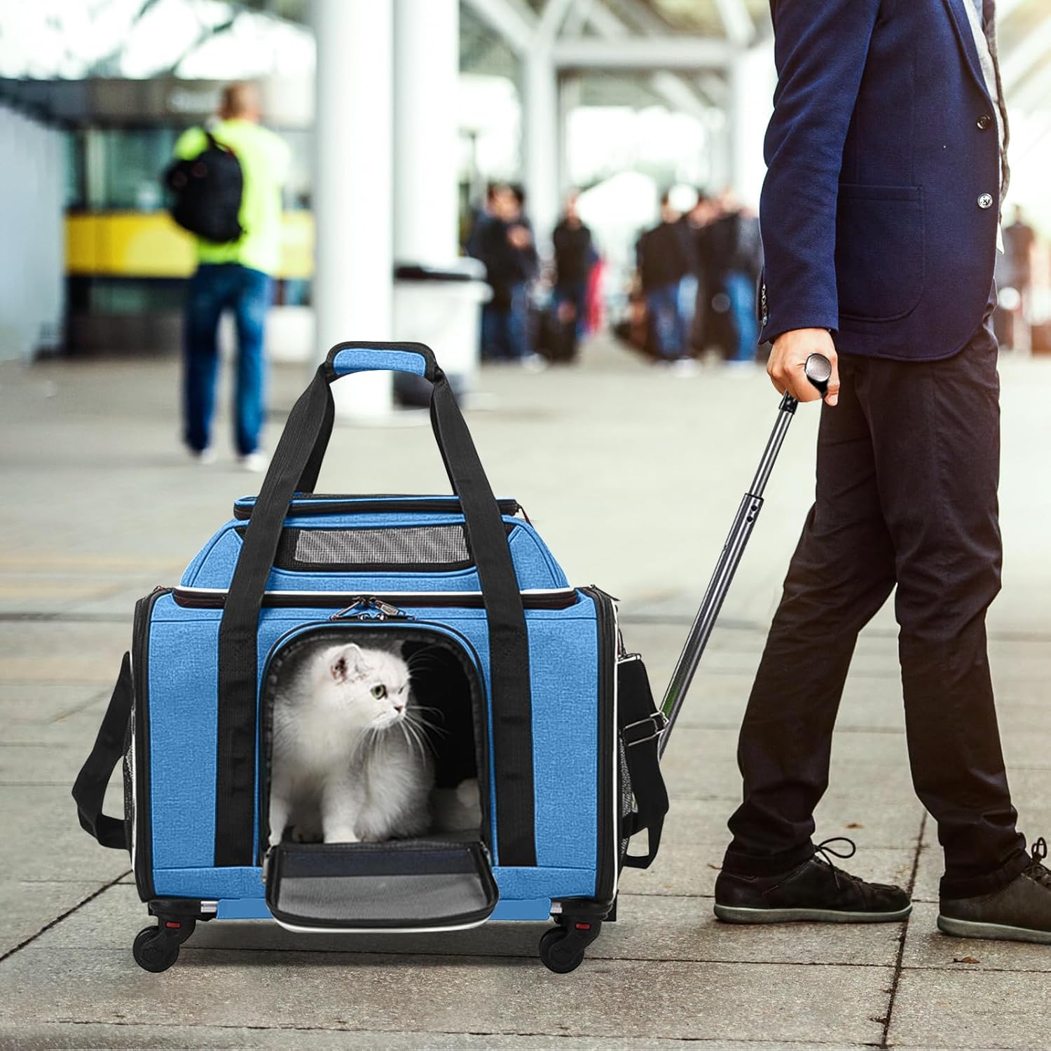 PETCUTE Large Dog Cat Carrier with Wheels,Foldable Rolling Pet Carrier for Cat Dog Under 18 lbs,Breathable Cat Carrier Travel Bag with Telescopic Handle and Mesh Pocket for Outdoor Walking Travel