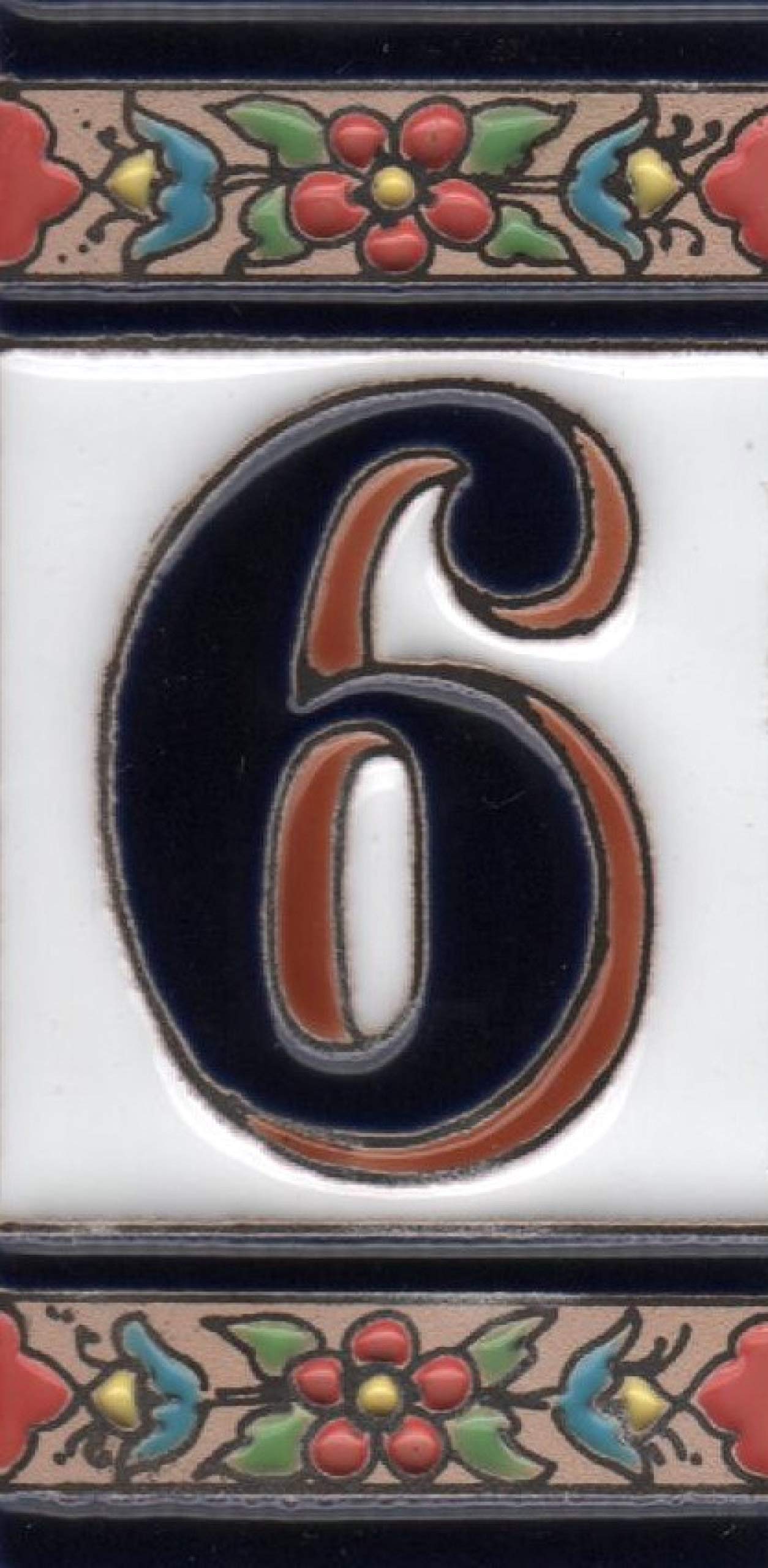 House Numbers Ceramic Numbers & Letters Tiles Red Blue & Green Floral Design Tile Size: 11cm x 5.5cm (Number 6)