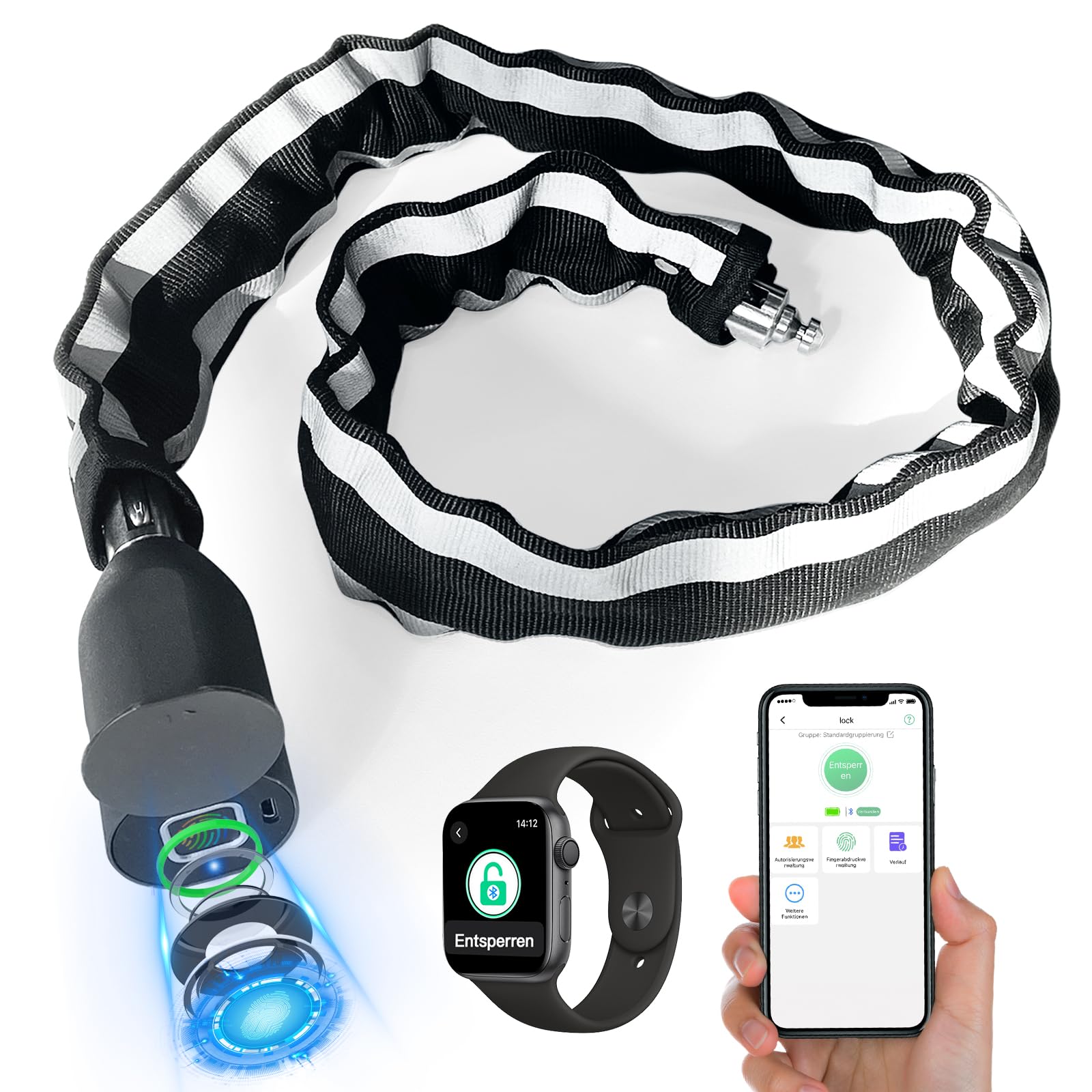 Anweller Lucchetto per bicicletta con impronte digitali, ad alta sicurezza, antifurto, con app, maglie in acciaio temprato, 6 mm x 100 cm, cavo impermeabile