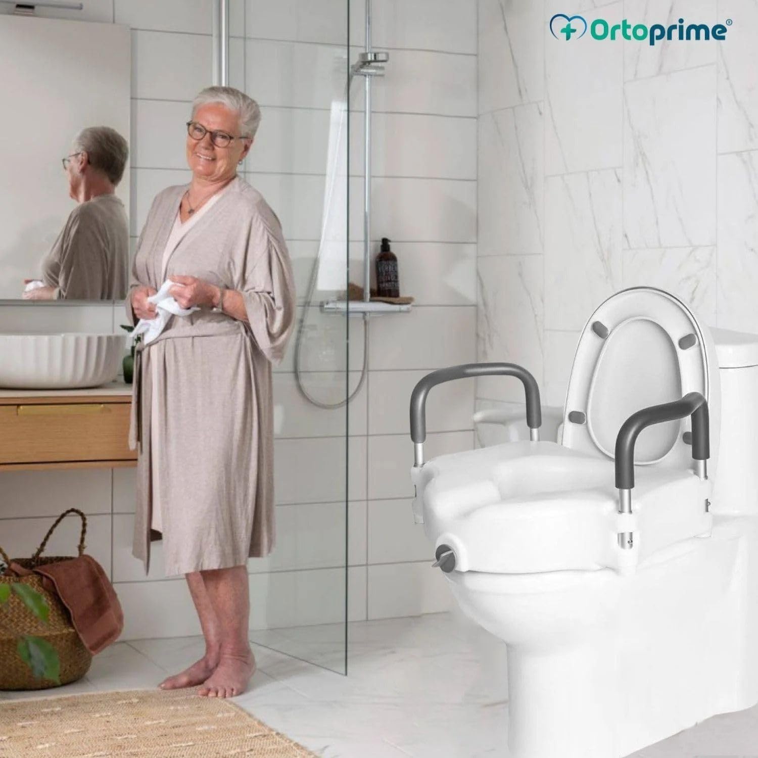 OrtoPrime Rialzo per WC con Braccioli Imbottiti – Rialzo WC Altezza 12 cm – Sedile WC Rialzato per Disabili – Alzawater per Anziani con Fissaggio di Sicurezza – Water Disabili Ortopedico