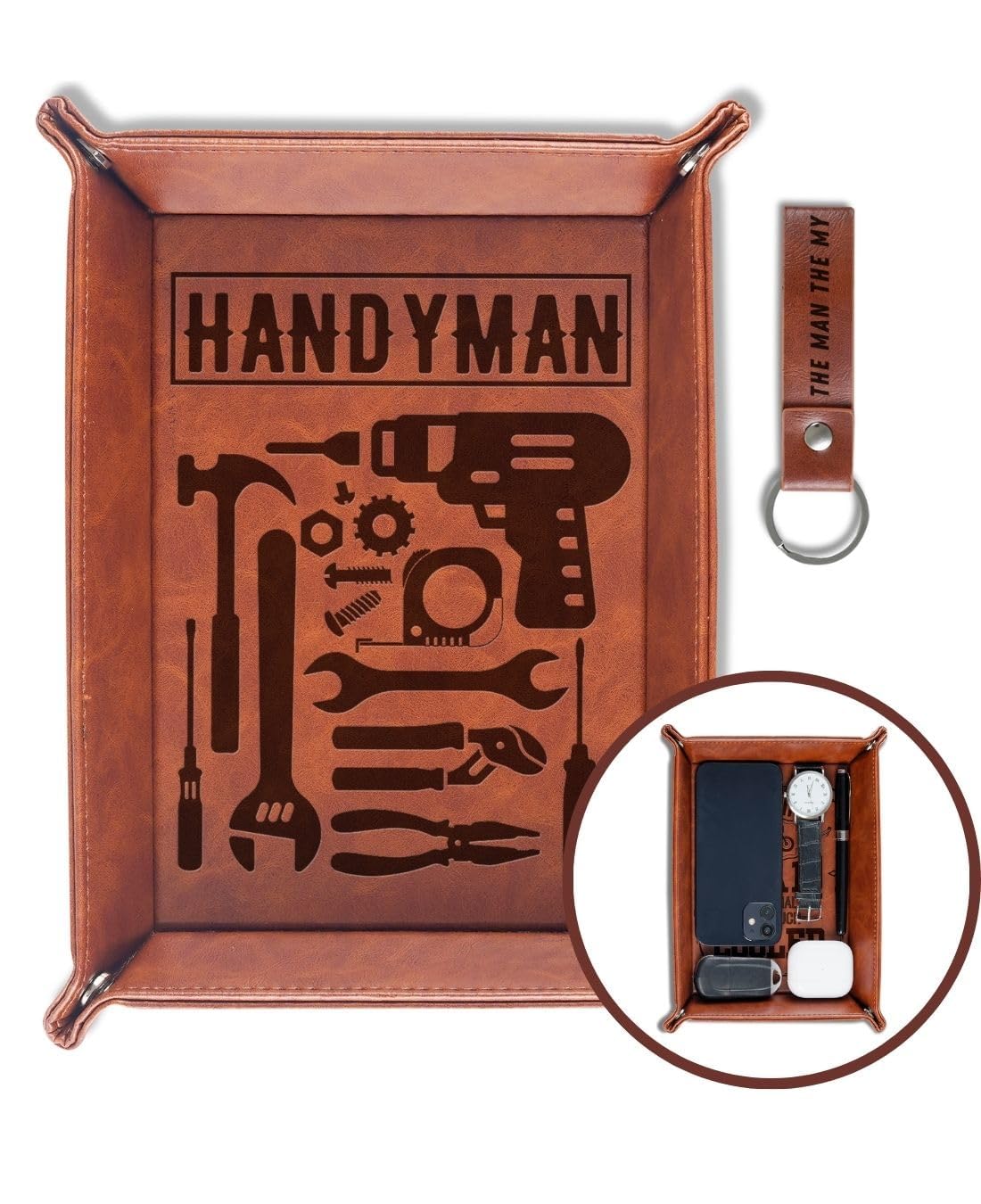 InnoBeta Handyman Gifts Valet Tray for Male, Men, Desktop Storage Organizer PU Leather Bedside Tray Key Coin Holder for Birthday - Handyman
