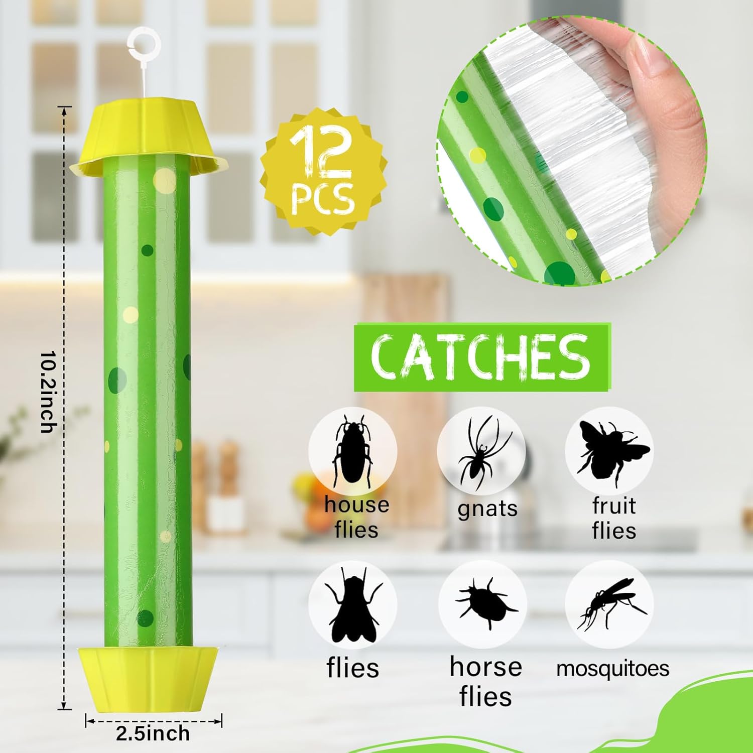 Qualirey 12 Pcs Sticky Fly Trap Fly Stick with Hanging Hook Adhesive Mosquito Catcher for Indoor Outdoor Trap Houseflies and Flying Insects Bee Wasp Moth Fly, 10.2 x 2.5 Inch