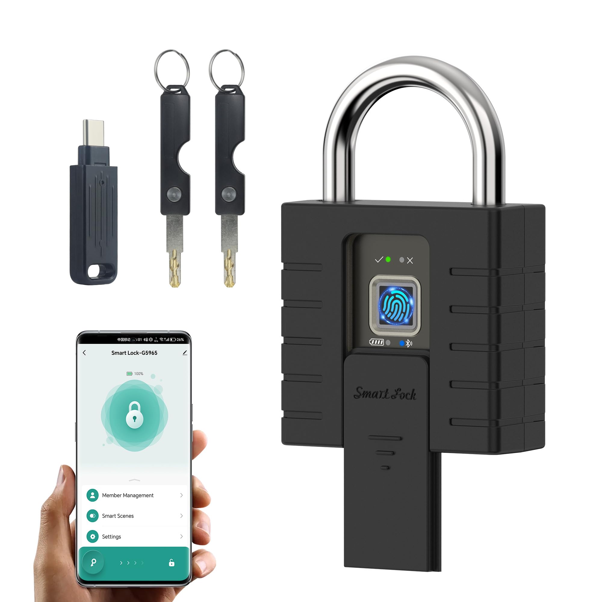 Cadenas à empreintes digitales avec application et clé, cadenas noir très résistant, adapté pour l'extérieur, le camion, l'entrepôt et les casiers d'armoires