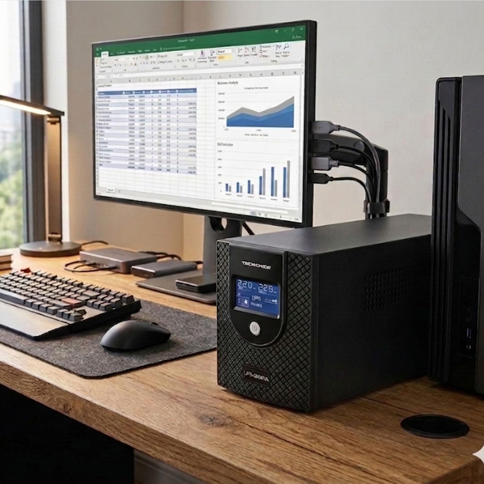 TN-2000VA SAI para ordenador 2000VA 1200W Fuente de alimentación ininterrumpida para PC, tecnología interactiva de línea, AVR, 3 salidas Schuko, pantalla LCD