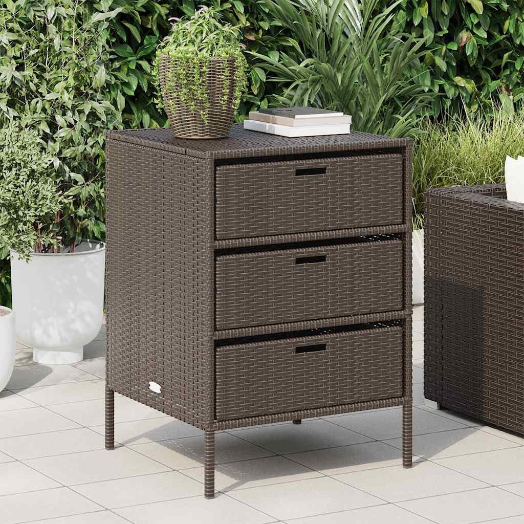 Gartenschrank Braun 55x59x80 cm Poly Rattan mit 3 Schubladen wetterfest stabil für Balkon Terrasse Outdoor, Stauraum für Kissen Auflagen Pool Zubehör und Gartenbox Organizer