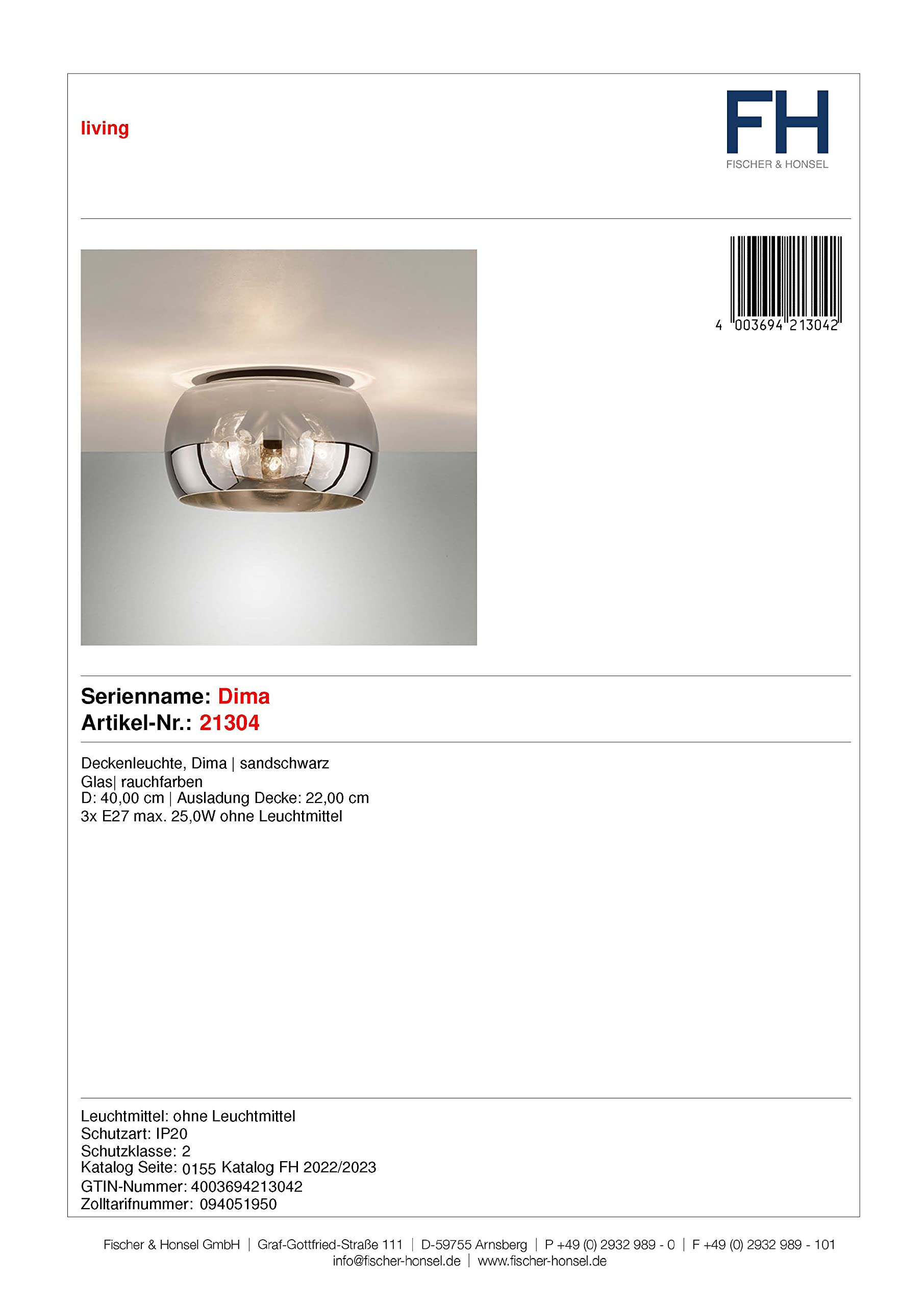Fischer & Honsel Deckenleuchte „Dima“, Ø 40 cm, 3× E27 | Rauchglas & sandschwarz | moderne Wohnzimmer- & Esszimmerlampe (ohne Leuchtmittel) |