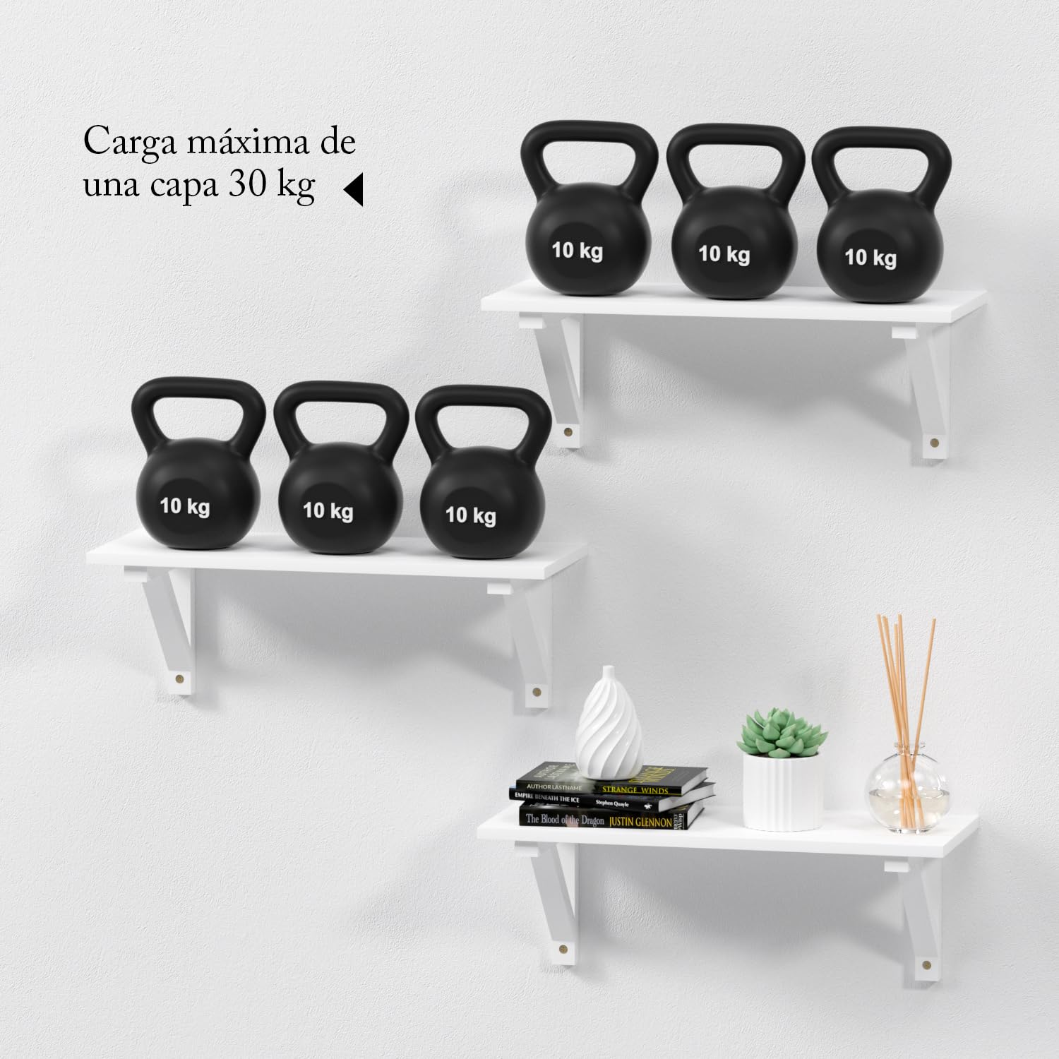Estanteria Pared de 3 Niveles, Estantes de Pared de Madera Natural, Baldas Pared Ideal para Salon, Dormitorio, Baño, Estudio, Cocina, Oficina, Pasillo, Blanco