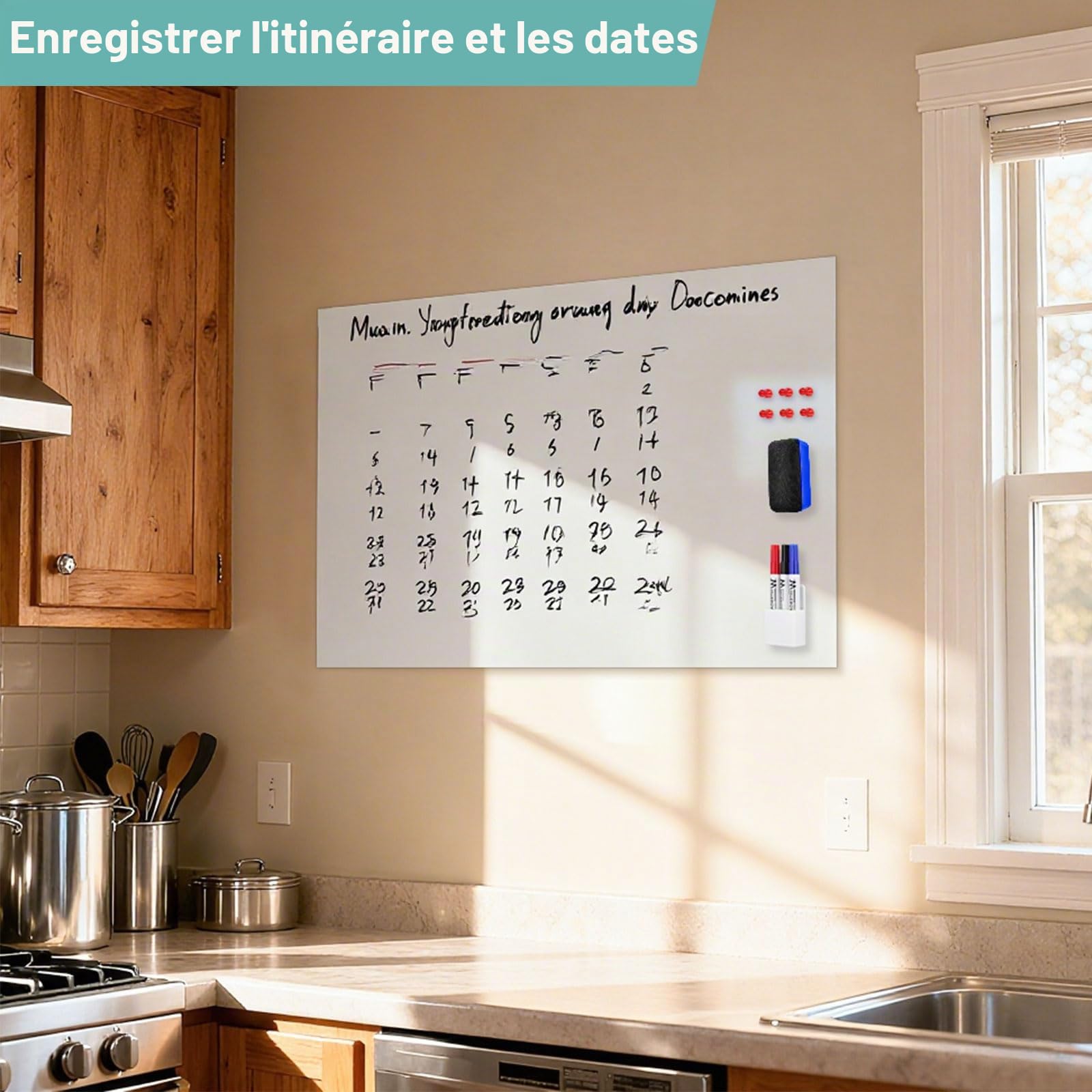 Tableau Blanc Magnétique Autocollant 60x90cm, Tableau Blanc Effacable Magnetique avec 4 Marqueurs + 1 Effaceur++ Aimants+Rack de Stockage Magnétique pour Bureau, École, Maison