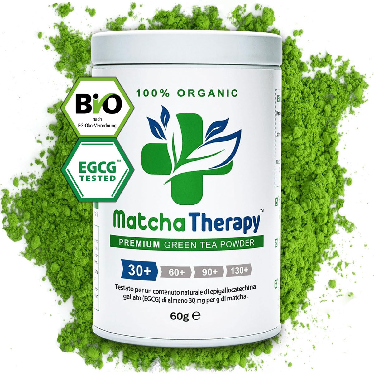 MatchaTherapy 30+ | Tè Matcha 100% Biologico | 60g | Almeno 30 mg/g di contenuto di catechina EGCG testato | Migliora sistema immunitario & livello di energia | Grado Premium | Tè verde dal Giappone