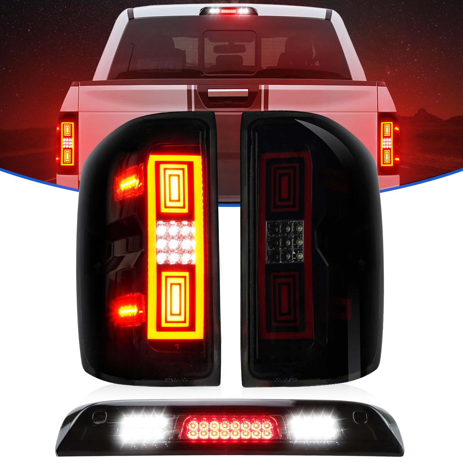 Gubebaili LED Tail Lights Assembly + 3rd Brake Light Kit for 2014-2018 Chevy Silverado 1500 2500 HD 3500 HD, 2015-2018 GMC Sierra 3500 HD with Dual Wheel, Smoke Lens
