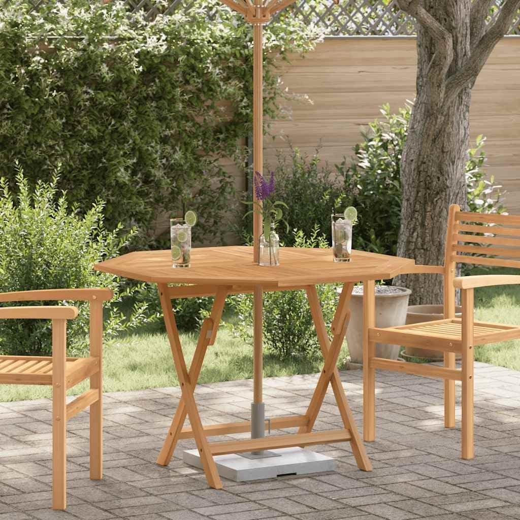 Brown Solid Teak Wood Medium Foldable Octagonal Garden Table for Outdoor Dining with Umbrella Hole, Weather Resistant Patio Furniture for Balcony and Terrace