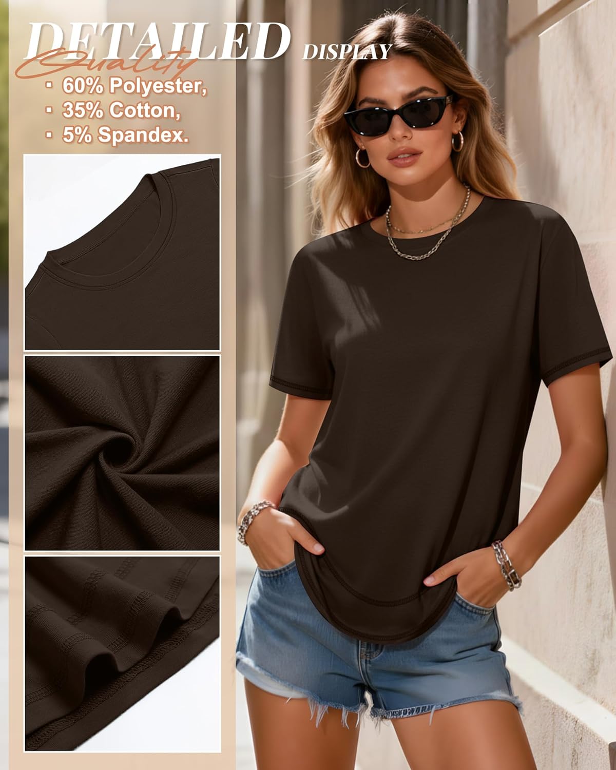 Ficerd 3 Pack Women's Short Sleeve T-Shirts, Loose Fit Crew Neck Tunic Tops Casual Solid Basic Tee Shirts Curved Hem Blouses - Image 5