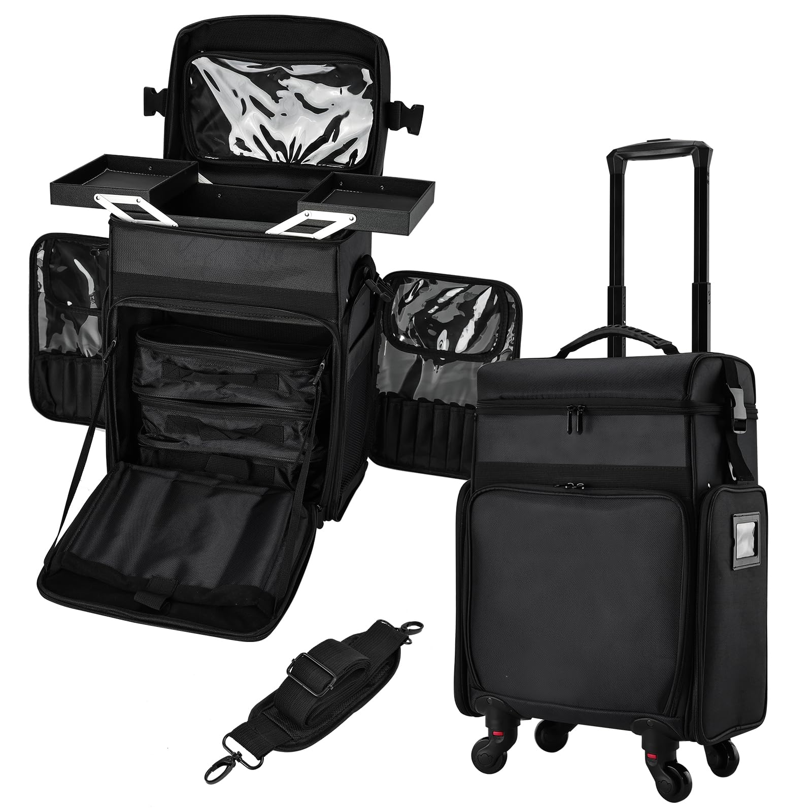 Costravio Rolling Makeup Train Case Professional Cosmetology Travel Trolley Soft Sided Nylon Wheeled Cosmetic Organizer with Pouches for Makeup Artist Nail Technician and Hairstylist