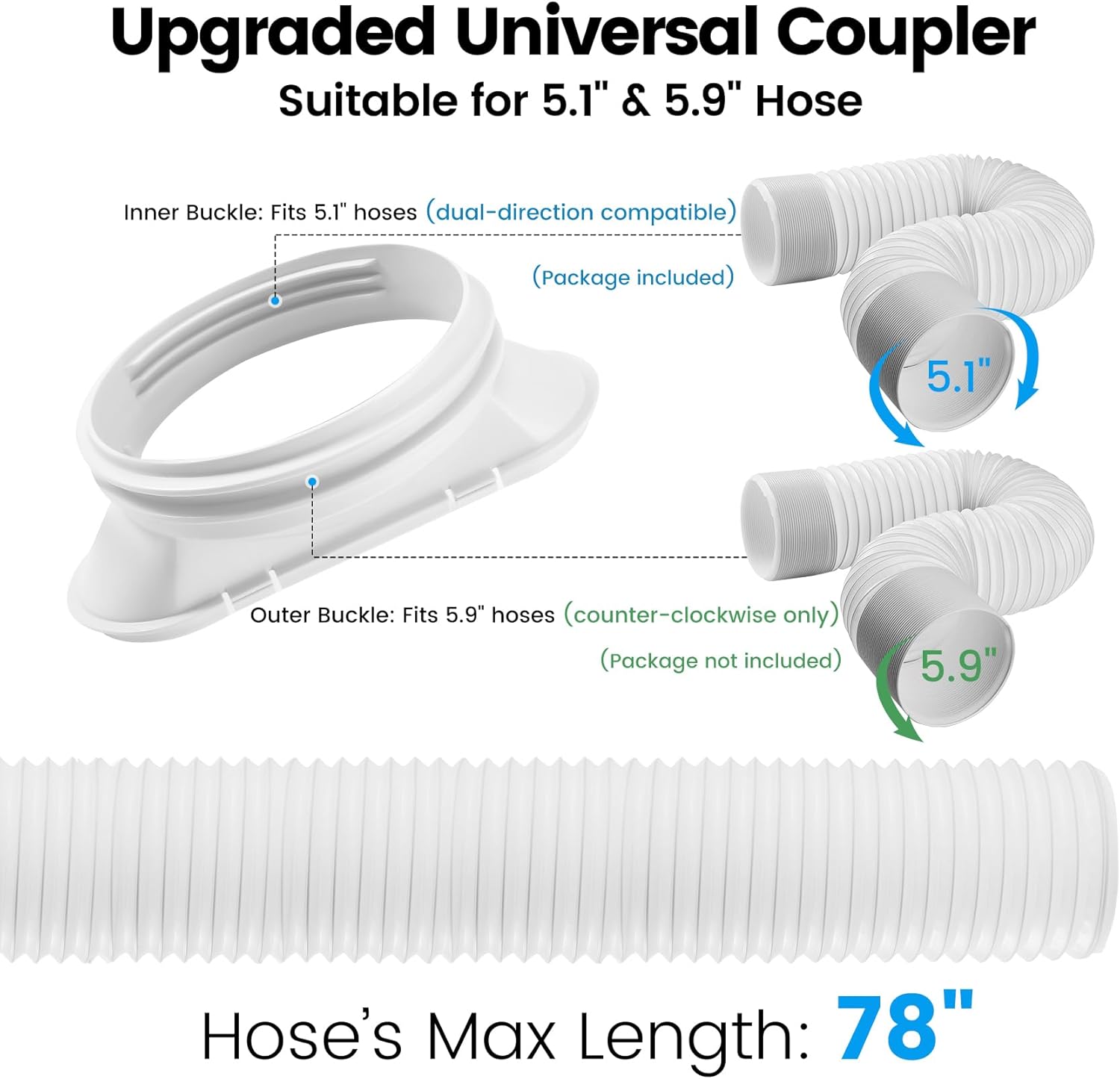 Portable AC Window Vent Kit with Exhaust Hose - 5.1" Diameter 78" Long, Fits LG Whynter Haier 99% Portable Air Conditioners, Adjustable Seal 17"-90" for Sliding Doors or Windows, Complete Kit Included
