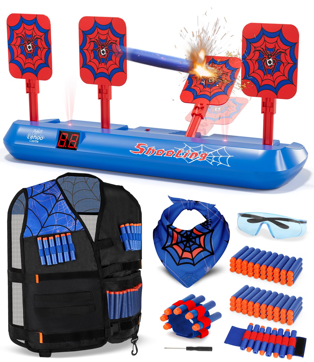 Lehoo Castle Zielscheibe für Nerf Pistole, Zielscheibe Elektrisch mit Nerf Weste, 60 Darts, Spider Spielzeug ab 3 4 5 6 7 Jahre Jungen, Kinder
