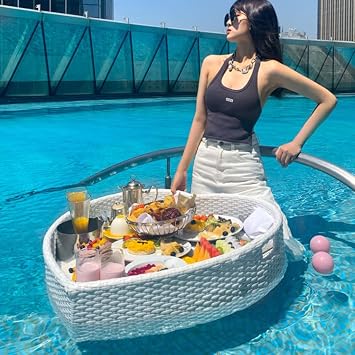 Rattan Woven Serving Tray Floating Pool Tray Heart Shaped Floating Pool Cup Holder with Handles Round Stylish On The Water Breakfast Tray,White White