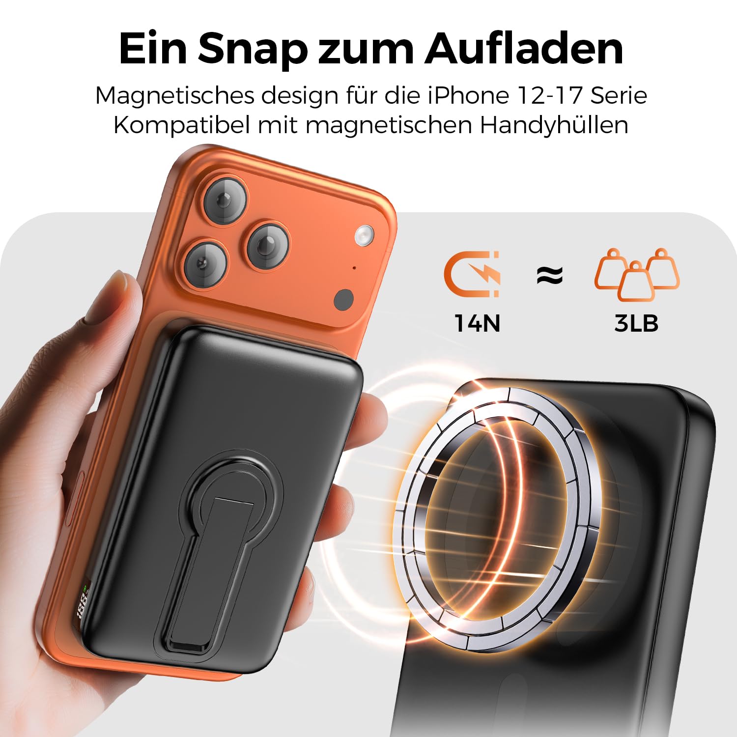 Powerbank für Magsafe, Magnetische Power Bank 12000mAh mit PD 22.5W, Schnellladung Kabelloses Powerbank mit Typ-C-Eingang und Ausgang, LED-Anzeige für iPhone 17/16/15/14/13/12/Pro/Pro Max Serie