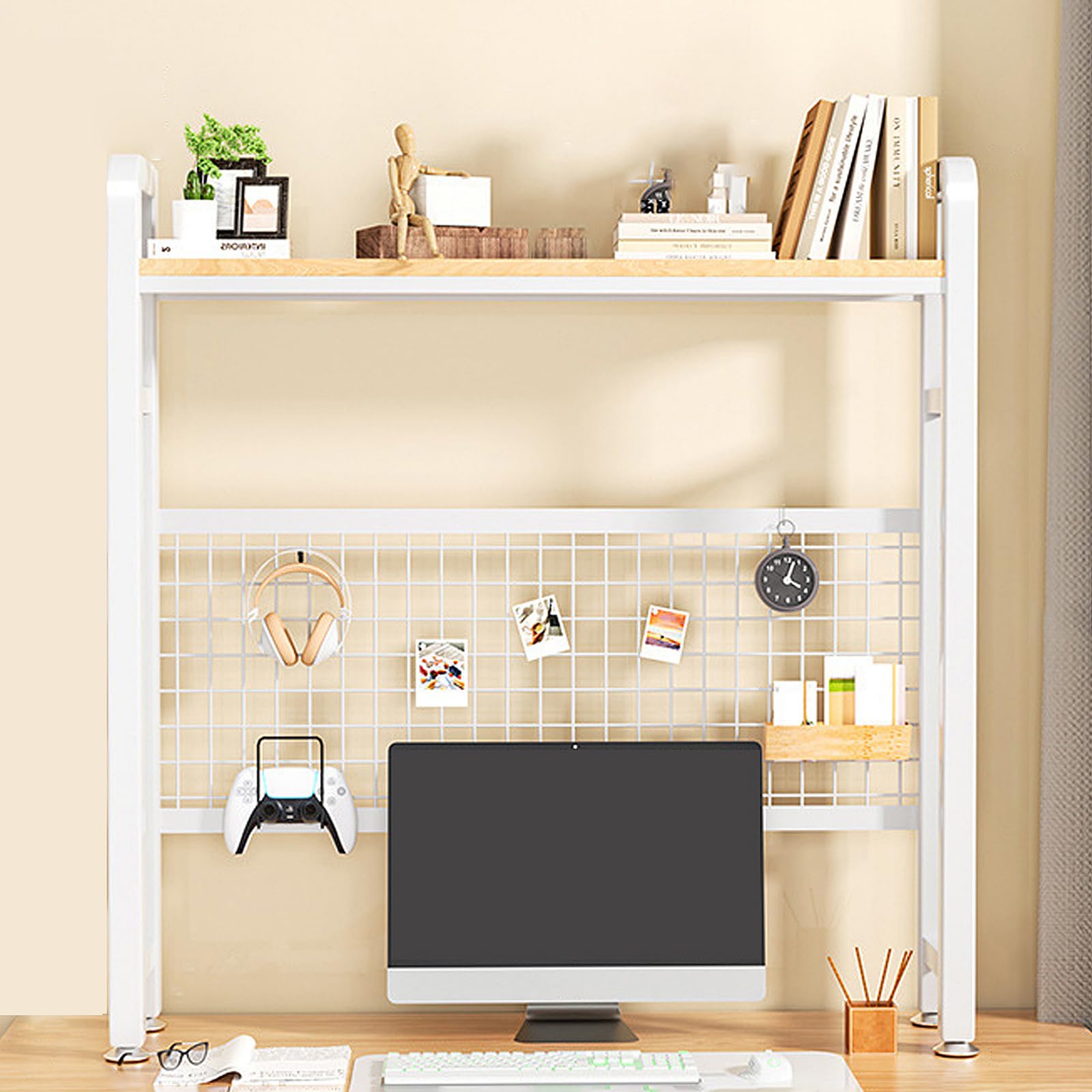 Organizer da scrivania in legno a 3 livelli per dormitorio, scaffale compatto per scrivania per computer con organizer multiuso per scrivania da ufficio per libri e forniture