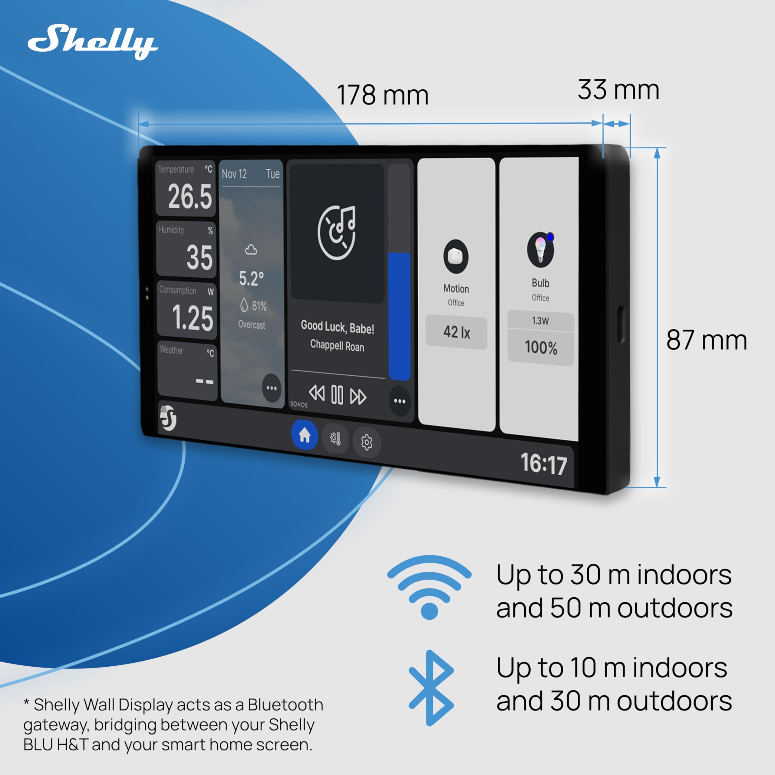 Shelly Wall Display x2 Negro y BLU H&T Negro - Panel de control domótico Wi-Fi con termómetro, higrómetro, pantalla táctil de 6,95'', interruptor 5A, termostato, Shelly App y Home Assistant
